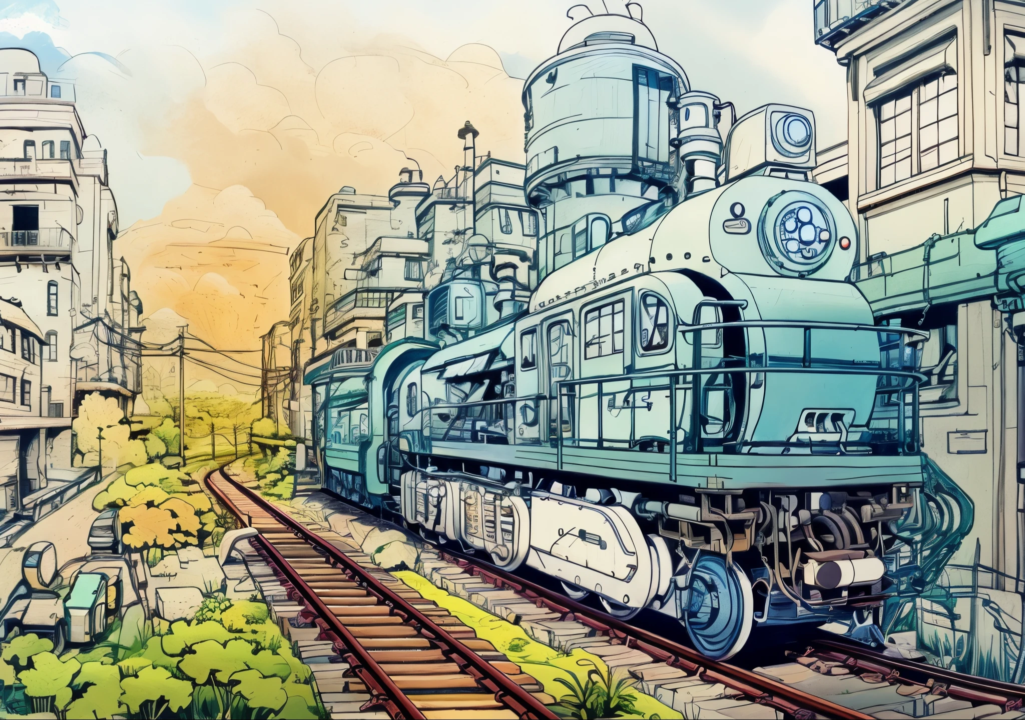 A drawing of a train running along the tracks next to a tall building, Very detailed lines, Extremely detailed lines, hyper detailed line art, Extremely detailed lines, KIDS ILLUSTRATION, Animation city line drawing,, Line work concept art, Detailed 8k drawing, stylized lines, very detailed illustration