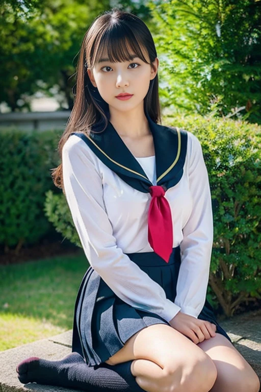 Japan school uniform, a closeup, wide angles, low angles, peitos fartos, Brown hair, looking at the viewers, portlate, 耳环, ear phone, hi-school girl, Ultra Mini Fabric Pleated Skirt, neck tie, Black Suit, Red suit, a sailor suit, Posing Black Eye, unparalleled masterpiece ever, Ultra realistic 8K CG, Clean and beautiful face, Glossy skin, Skindentation, top-quality, 超A high resolution, Photorealsitic, ((Look at viewers))，full body Esbian，knee high socks