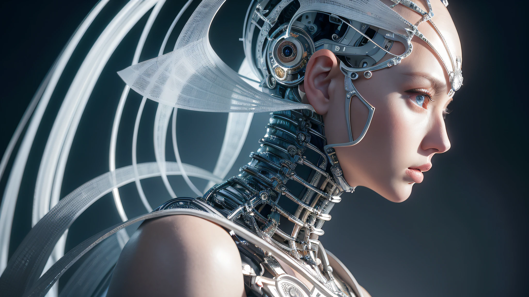 ultra detailed complex 3d rendering of a gorgeous porcelain profile android face, cyborg, robotic parts, 150 mm, beautiful soft studio light, rim light, vibrant details, luxurious cyberpunk, lace, hyper-realistic, anatomical, facial muscles, electrical cables, microchip, elegant, beautiful background, octane rendering, HR Giger style, 8k, best quality, masterpiece, illustration, extremely delicate and beautiful, extremely detailed, CG, unit, wallpaper, (realistic, photorealistic: 1.37), amazing, finely detailed, masterpiece, best quality, official art, 8k unit wallpaper CG extremely detailed, absurd, incredibly absurd, robot, silver helmet
