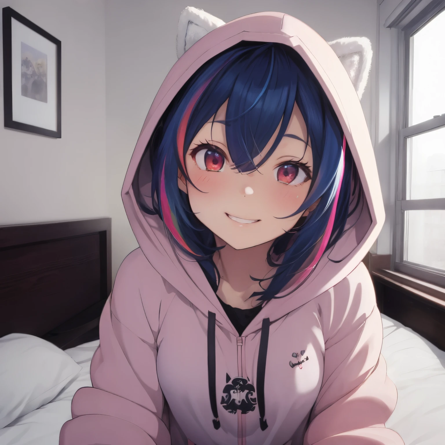 Bedroom bathed in morning light,Bedrooms,Fluffy Hoodie＆camisole inner,Rainbow Color,waking up,Smile on his face,fluffy hair,My hair is a little messy from sleeping...,navy hair,Hair reflects the light and shines,Slight red tide,I&#39;m about to be kissed,Expecting Faces,AHE Face,ecstacy,I reach out my hand to hug you,Kamimei,