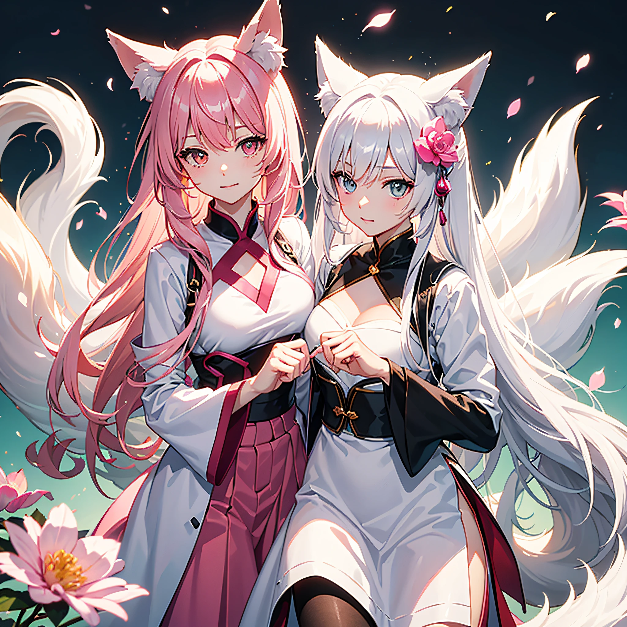 Nine snow-white fox tails (1.0), Milky white fox tail (1.0), Close-up of the nine-tailed fox, Nine tails, Nine tails, Anime manga girl,pink haired one,Pink skirt,There are flowers on the hair, Very beautiful anime fox girl, pink flower rain, The background is blurred out,