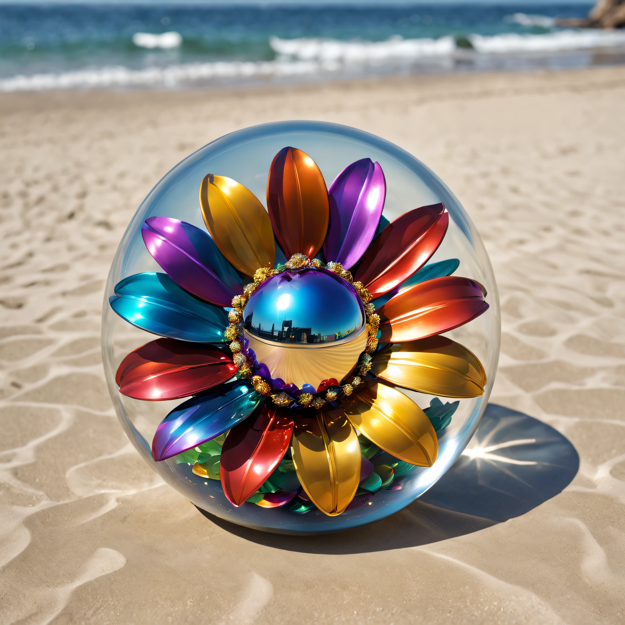 (best qualtiy,Foto realism:1.37),A vibrant metal flower,Metal Materials,shiny petals,Sparkling reflective surface,metallic luster,(in clear glass ball),hues and tints,Meticulous attention to detail,Rich and vibrant colors,Light and shadow games,Subtle gradients and shimmer,ImpeccableCraftsmanship.((On the beach by the sea))。