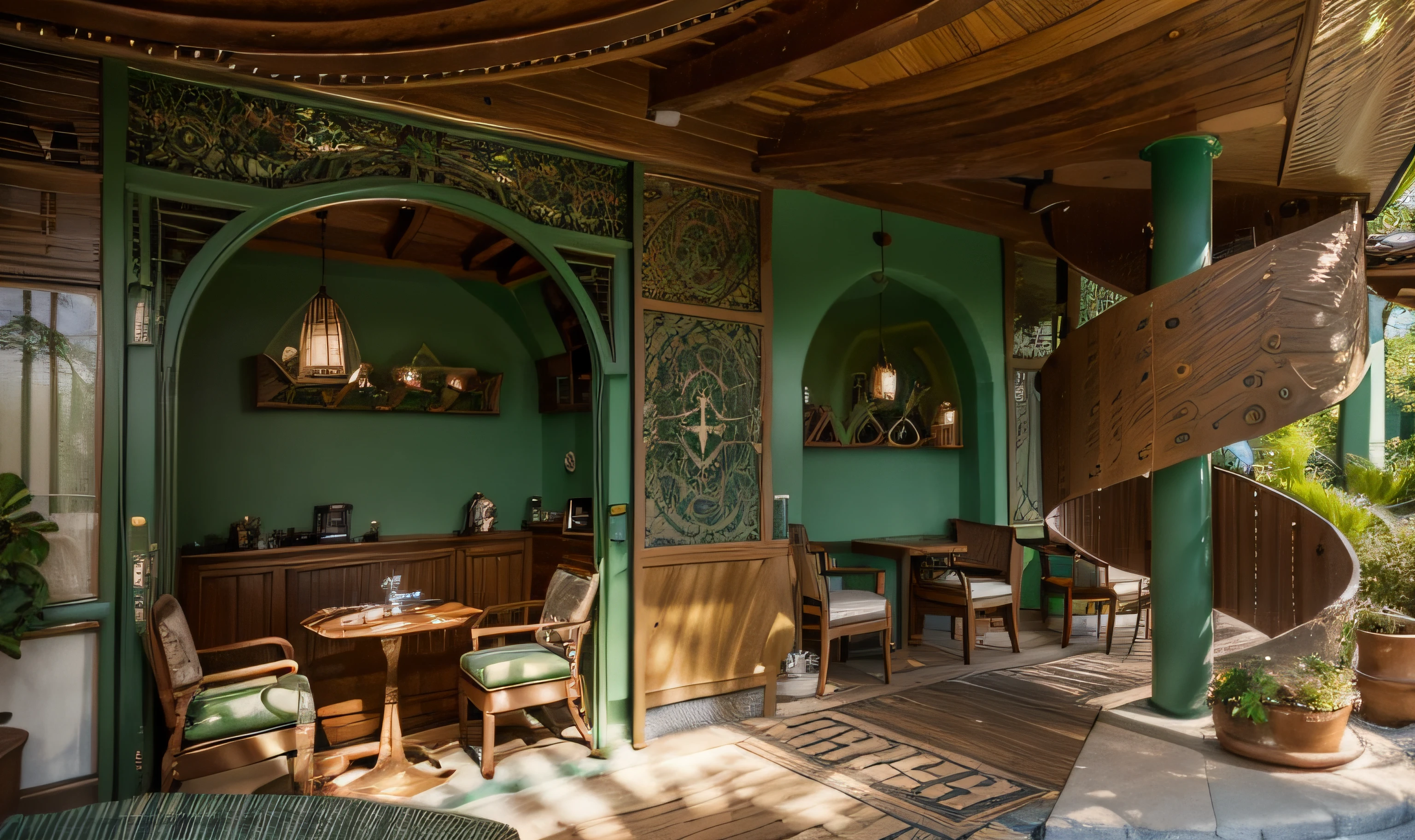 The exterior and interior design of the traditional-style café, combining the deep jewel tone of emerald green with classic pastel colors, warm wood tones, gold accents complementing earthy hues, patterned fabrics, along with an open and nature-integrated outdoor space, can be described as follows: The café's exterior showcases an expansive layout that seamlessly integrates with nature. Visitors are greeted by a vast outdoor space, its walls adorned with sophisticated emerald green patterns. Outdoor furniture made from warm woods like oak or cherry creates a relaxed ambiance, connecting patrons with the surrounding natural environment. Emerald green and classic pastel hues are employed in the interior décor, creating artistic and refined focal points within the café. Walls might feature the richness of emerald green, while smaller details like pendant lights, cushions, or wall art may incorporate classic pastel shades such as soft pink, light blue, or gentle green, fostering a sense of balance and warmth. Warm wood tones are extensively used in the interior, from sofas to chairs and various decorative elements. Oak, cherry, or mahogany woods impart a natural and rustic beauty, contributing to a cozy and traditional atmosphere. Gold accents combined with earthy tones like terracotta, saffron yellow, or olive green could be present in decorative elements like lamp bases, door handles, or mirror frames. This blending creates a touch of opulence and classicism in the space. Patterned fabrics featuring floral designs, paisley, damask, or toile are employed throughout the interior, adorning curtains, decorative pillows, and sofa upholstery, adding richness and allure to the café's interior. The spacious and nature-immersed outdoor area incorporates lush greenery, small gardens, or strategically placed plants, evoking a sense of tranquility and closeness to nature. This allows customers to savor their coffee in a serene and relaxing environment.