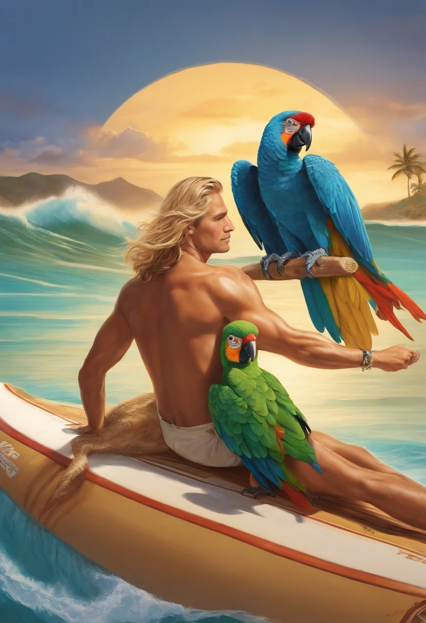 SurferBro tandem surfing with a talking parrot,original,SurferBro has long blonde hair, mid twenties, tan skin, and drop dead handsome. He only wears board shorts and a puka shell necklace