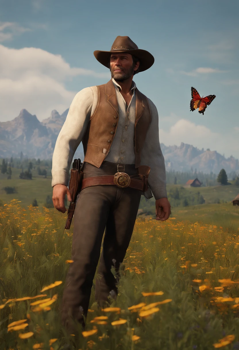 The image is of a vibrant meadow filled with wildflowers and butterflies dancing in the air.,Red Dead Redemption 2,Arthur is a tall 36 year old human male with a stocky build. He is 6'3, weighing roughly 230lbs. He had light skin, green eyes, thick brown hair that is kept in a swept back style, and no visible scars aside from a small one on his chin.