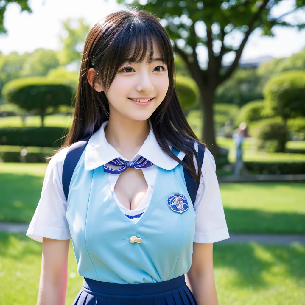 ((top-quality、masterpiece))、Raw photography、8K、top-quality、 超A high resolution,18year old、Beautiful face in every detail、Realistic human skin、Gentle expression、front-facing view、realisitic、Photorealsitic、Beautie、length hair、hair messy,a short skirt、Beautiful schoolgirl、Japan schoolgirl wearing uniform、Surreal High School Girl,smil、a park、blue-sky、lawn、huge-breasted, cleavage of the breast, blurry backround, depth of fields