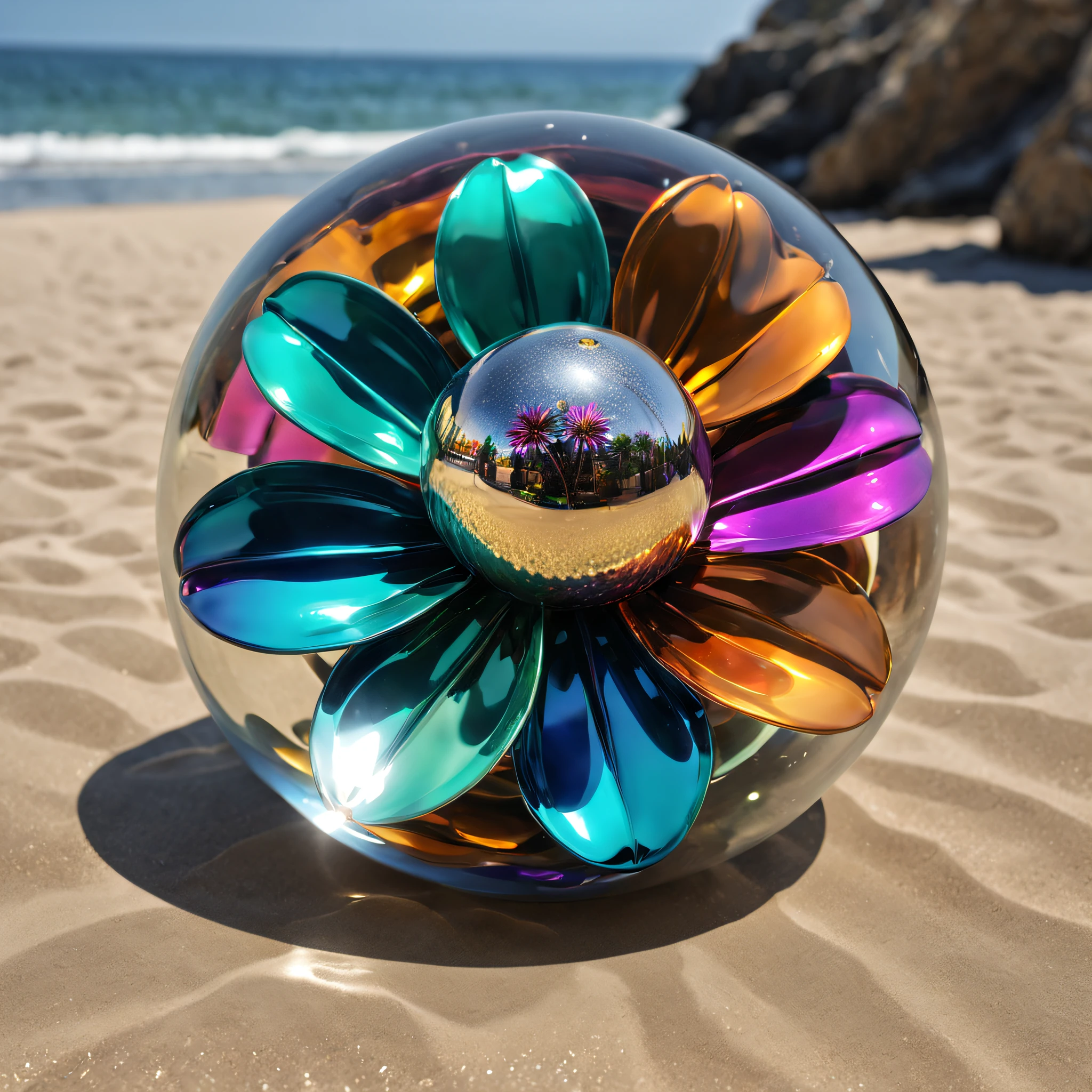 (best qualtiy,Foto realism:1.37),A vibrant metal flower,Metal Materials,shiny petals,Sparkling reflective surface,metallic luster,(in clear glass ball),hues and tints,Meticulous attention to detail,Rich and vibrant colors,Light and shadow games,Subtle gradients and shimmer,ImpeccableCraftsmanship.((On the beach by the sea))。