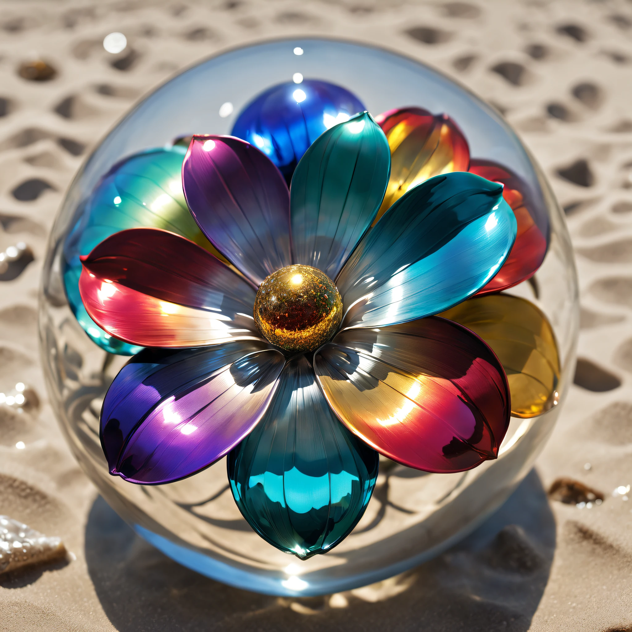 （best qualtiy，Foto realism：1.37），A vibrant metal flower，Metal Materials，shiny petals，Sparkling reflective surface，metallic  luster，(in clear glass ball)，hues and tints，Meticulous attention to detail，Rich and vibrant colors，Light and shadow games，Subtle gradients and shimmer，ImpeccableCraftsmanship.((On the beach by the sea))。