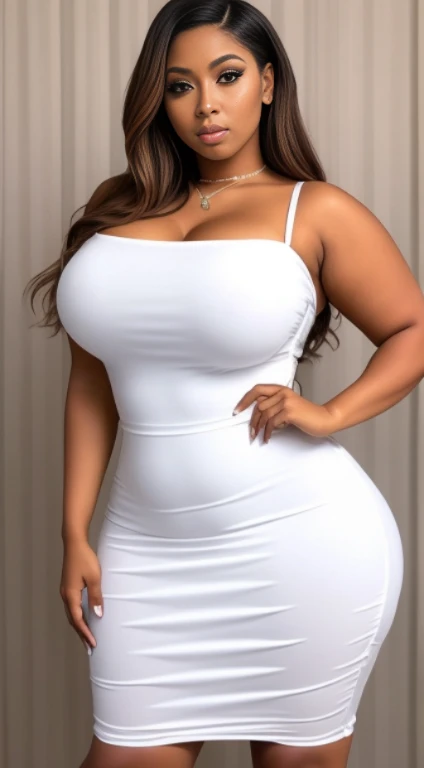 um close up de uma mulher com um vestido branco posando para uma foto, vestido em um branco bonito, angelawhite, curvy hourglass figure, corpo voluptuoso, uma mulher bonita no branco, belas curvas, nicki minaj curvy, crisp smooth lines, vestido skintight, figura da ampulheta, traje apertado, curvaturas suaves, vestido sexy, curvy build