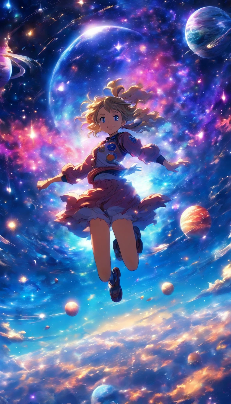 Rear view。with their face not visible。Fantastic outer space。Floating stars and planets。High quality in every detail。woman jumping in。A woman with a mature impression。fantastic。fantastic landscape。