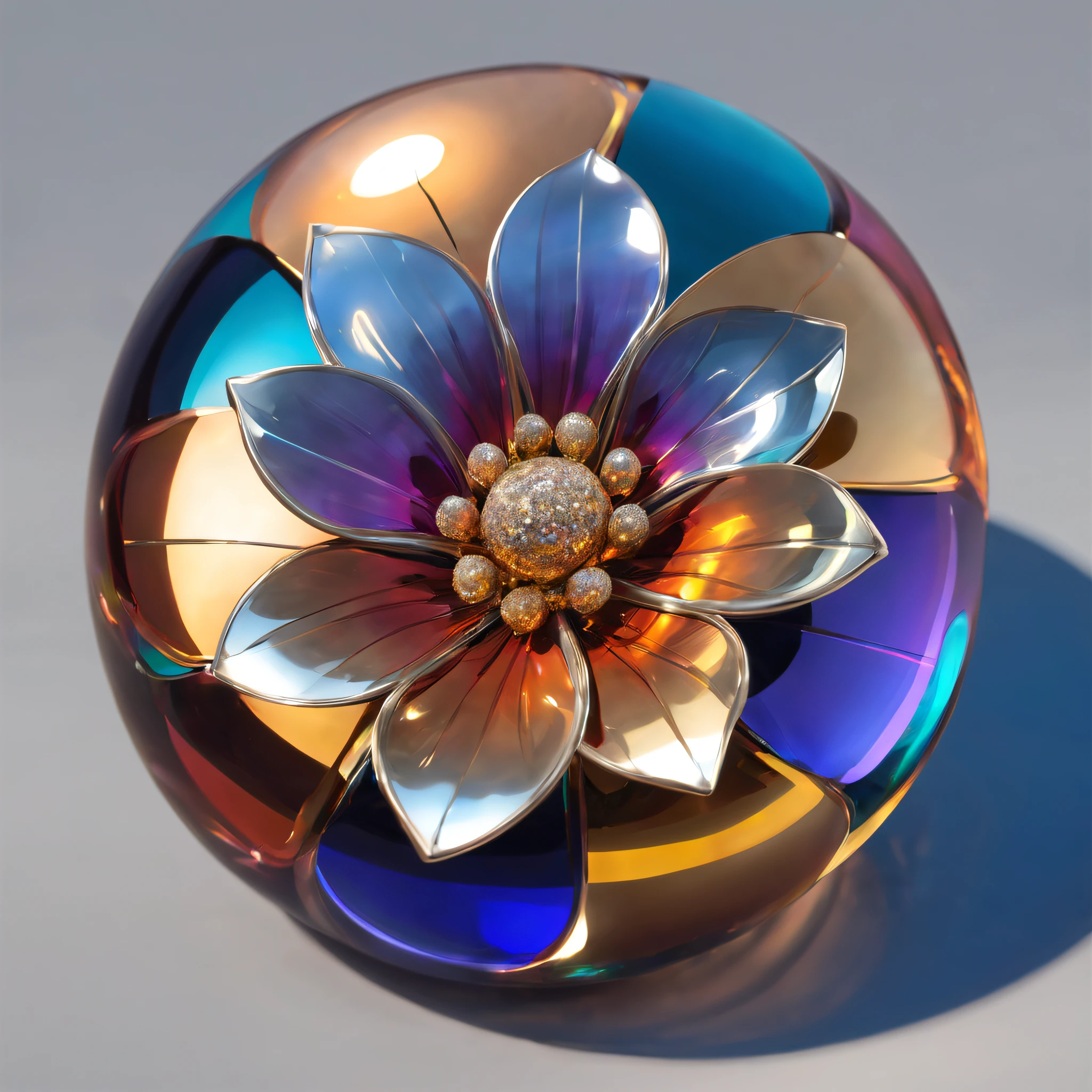 (best qualtiy,Foto realism:1.37),A vibrant metal flower,Metal Materials,shiny petals,Sparkling reflective surface,metallic luster,in clear glass ball,hues and tints,Meticulous attention to detail,Rich and vibrant colors,Light and shadow games,Subtle gradients and shimmer,ImpeccableCraftsmanship,((in beach))。