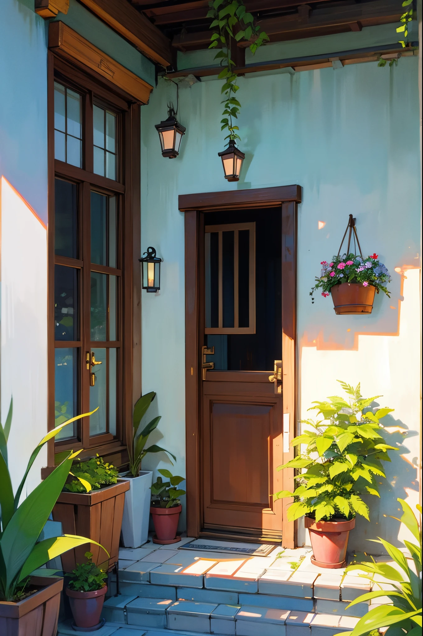 no humans, plant, window, potted plant, house, door, scenery, outdoors, traditional media, flower pot, building, pillow, (illustration:1.0), masterpiece, best quality,