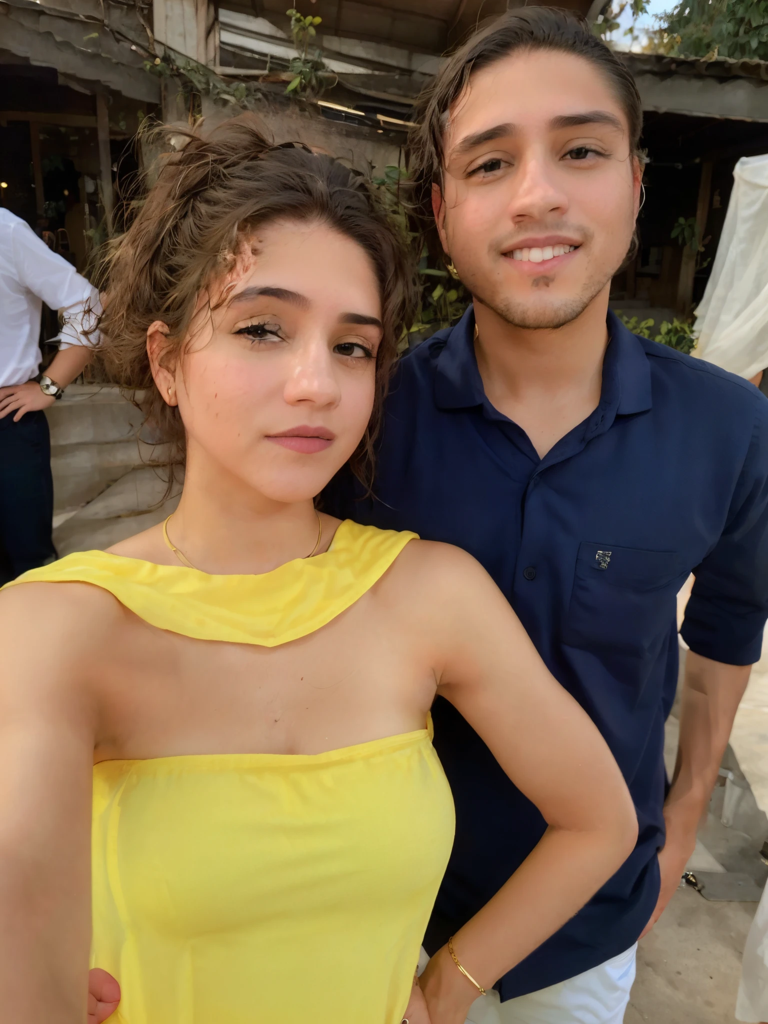 there is a man and woman posing for a picture together, com panos amarelos, tomada em 2 0 2 0, taken in the early 2020s, Lovely couple, tiradas em 2022, imagem de qualidade muito baixa, foto colorida, Fotografia selfie 8k, usando um vestido amarelo, Fotografia tirada em 2 0 2 0