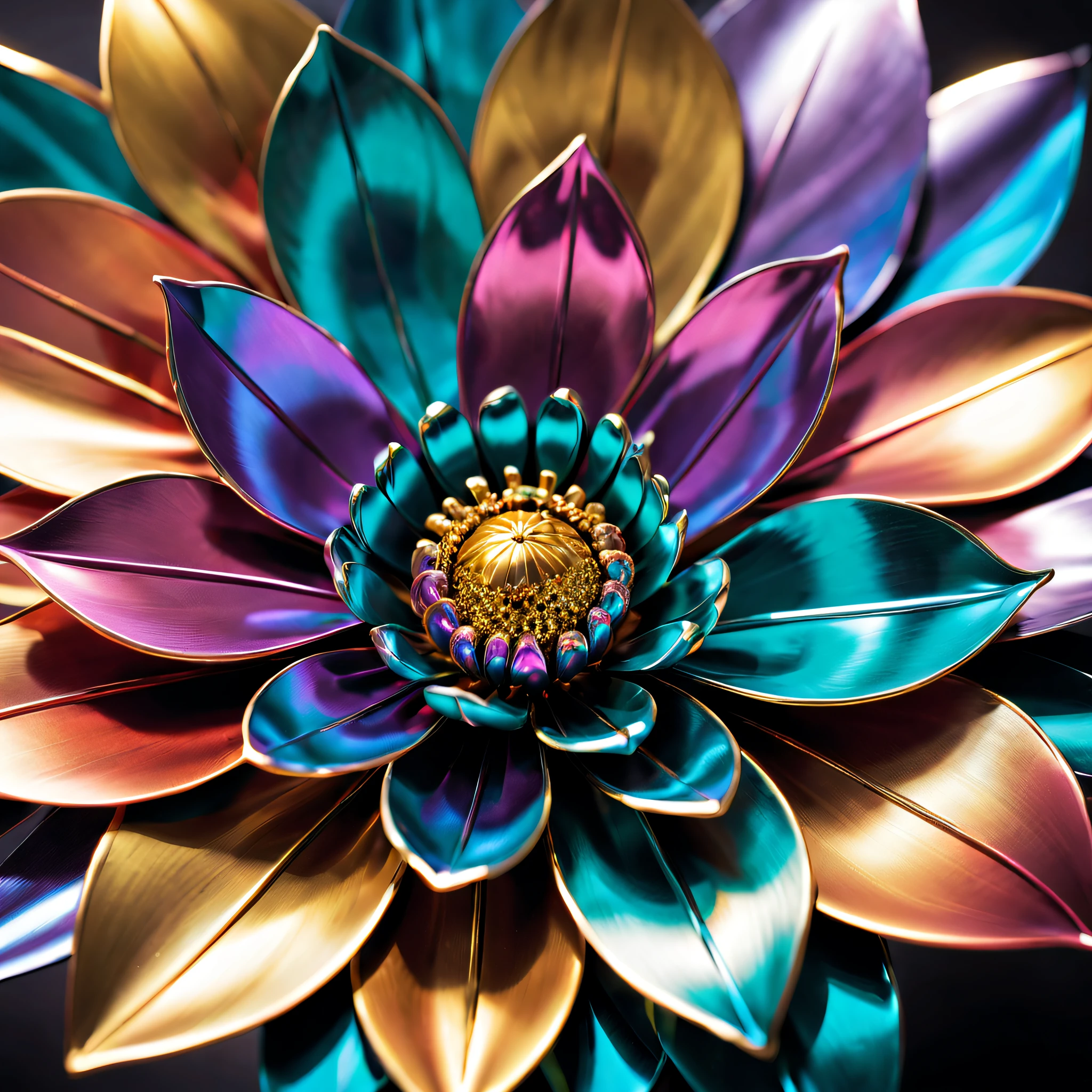 （best qualtiy，Foto realism：1.37），A vibrant metal flower close-up photo，Metal Materials，shiny petals，Sparkling reflective surface，metallic  luster，hues and tints，Meticulous attention to detail，Rich and vibrant colors，Light and shadow games，Subtle gradients and shimmer，ImpeccableCraftsmanship.