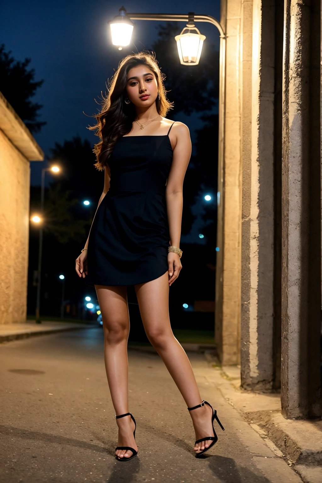 Instagram photo, 14 years old girl named reema khan, wearing backless dress, full body photo taken on iphone 15, perfect body, looking at viewer, ankle strap high heels, bokeh, night street light