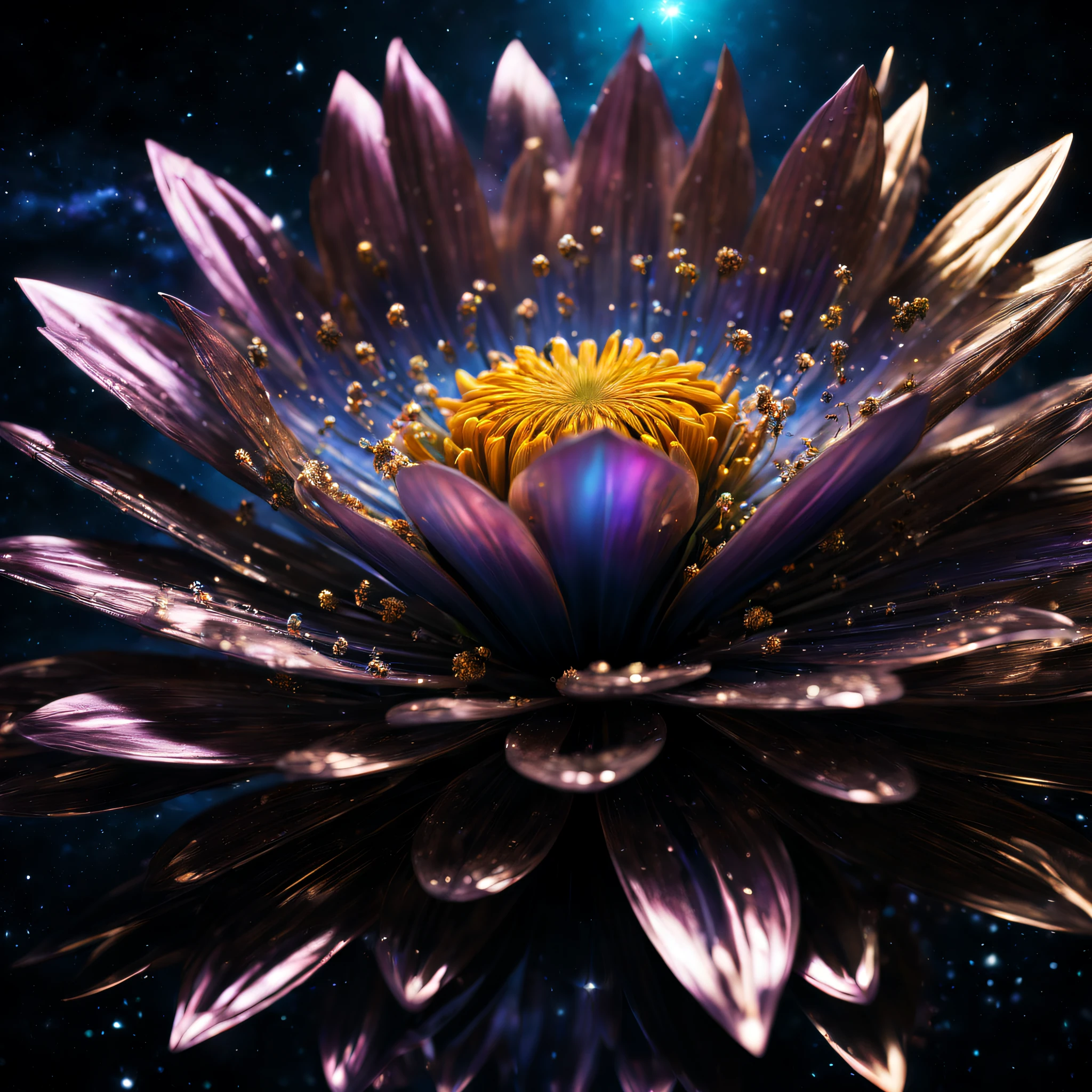 (best quality,4k,8k,highres,masterpiece:1.2),ultra-detailed,(realistic,photorealistic,photo-realistic:1.37),A vibrant metal flowers close-up photograph,double exposure,floating in outer space,nebula,galaxies,(abstract,dreamlike:surreal:1.2) scenery,cosmic setting,glowing lights,vivid colors,sublime beauty,ethereal atmosphere,metallic textures,shiny surfaces,reflection of starlight,sparkling metallic petals,delicate and intricate flower details,interplay of light and shadows,intriguing contrast with the dark and vast space,surreal and mesmerizing composition,strange and captivating combination of nature and technology,intriguing aura of mystery,serene and peaceful ambiance.