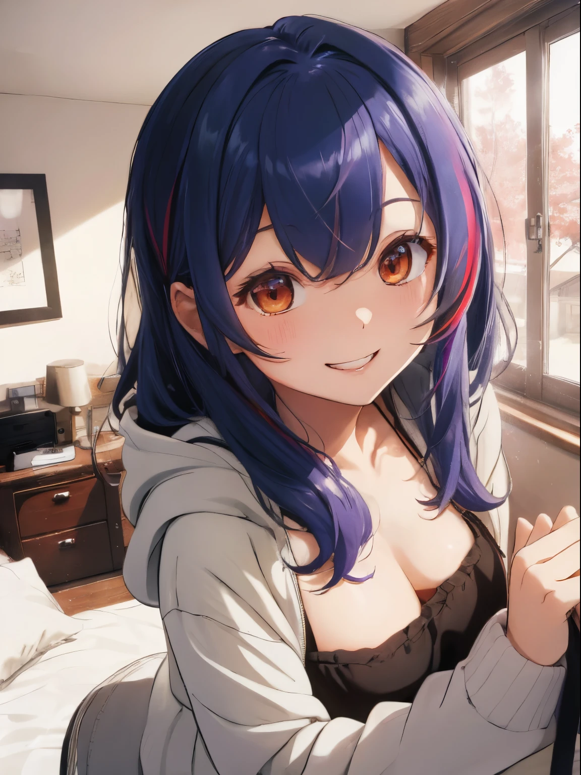 Bedroom bathed in morning light,Bedrooms,Fluffy Hoodie&camisole inner,Rainbow Color,waking up,Smile on his face,fluffy hair,My hair is a little messy from sleeping....,navy hair,Hair reflects the light and shines,Slight red tide,i'I'm about to be kissed,Expecting Faces,AHE Face,ecstacy,reach out to hug you,Kamimei,Healthy wheat-colored skin
