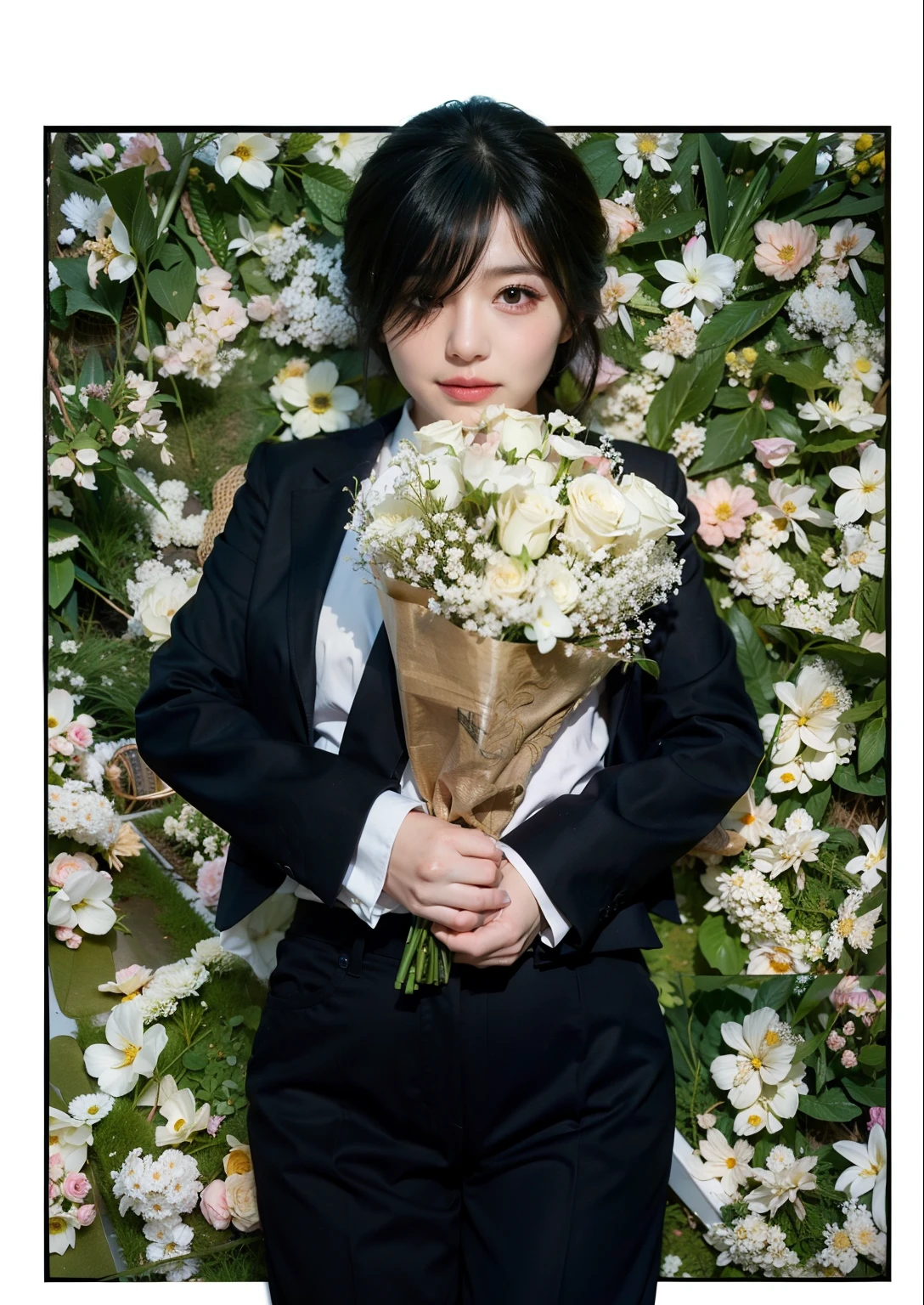 There is a woman holding a bouquet of flowers in her hands, kind girl and flowers, Professional role-playing, There are flowers, with flowers, Portrait of woman holding flowers,Holding flowers, publicity cosplay, anime cosplaying, Inspired by Ito Shinsui, full cosplay,8K,Premium texture,Works of masters,overhead photography,(A woman lies in a flower garden full of white flowers),Master Light and Shadow,White flower fields