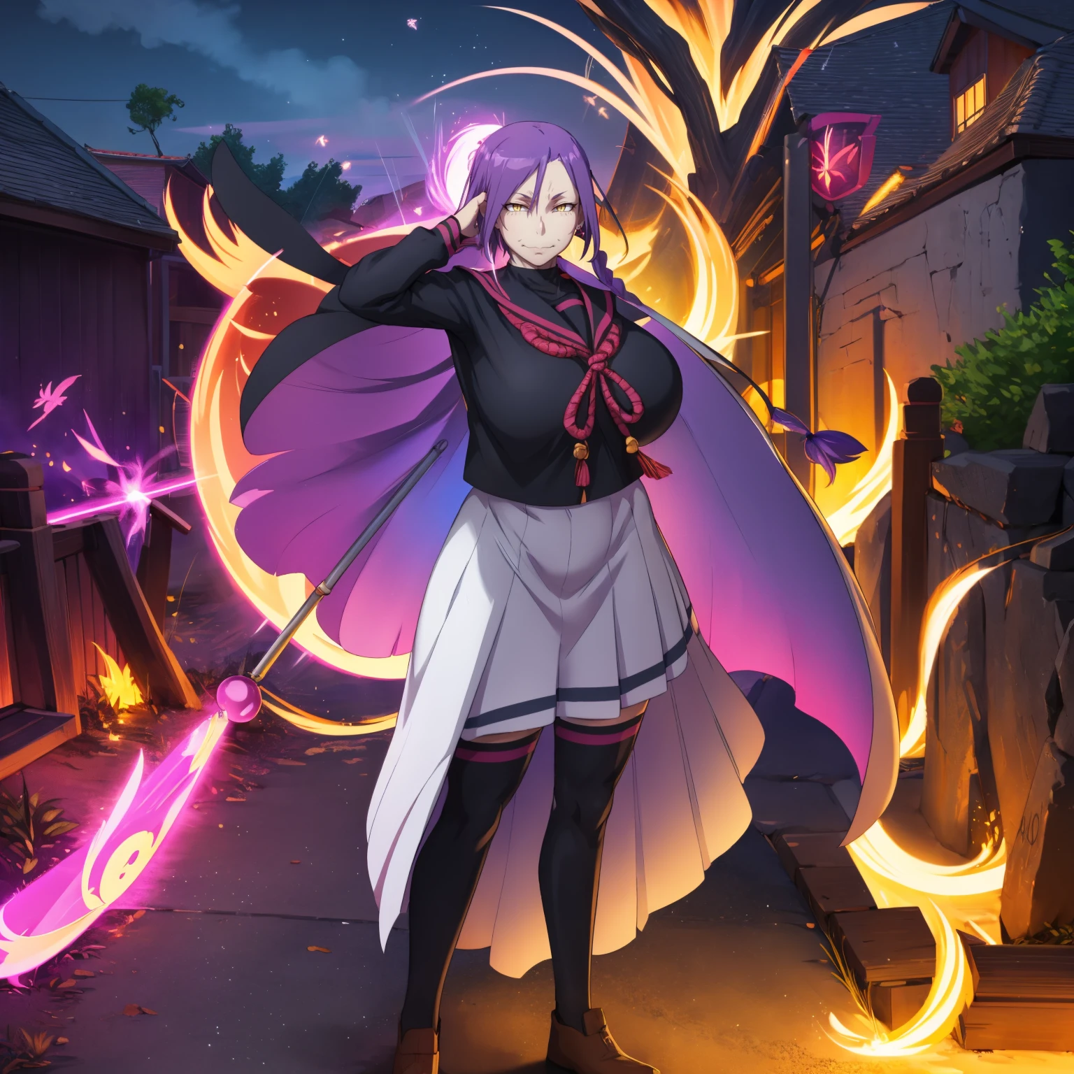 (masterpiece, best quality:1.2), cowboy shot, solo, 1girl, chikujoin magane, sharp teeth, evil grin, looking at viewer, hand on hip, single braid, school uniform, serafuku, pleated skirt, thighhighs, (gloves:1.1),huge breast, curvy, female,fantasy goddess,there is a cartoon picture of a woman with a very large breast, glowing angelic being, glowing holy aura, inspired by Luma Rouge, the non-binary deity of spring, ethereal rainbow nimbus, the butterfly goddess of fire, inspired by Marie Angel, glowing aura around her, astral fairy, as the goddess of the sun, “uwu the prismatic person, big breast, happy, beautiful eyes, , full body, walking, long robe, long dre, , nun, priestess ,holy, venus body, curvy, huge breast, forest, long skirt, coat, very long skirt,coat