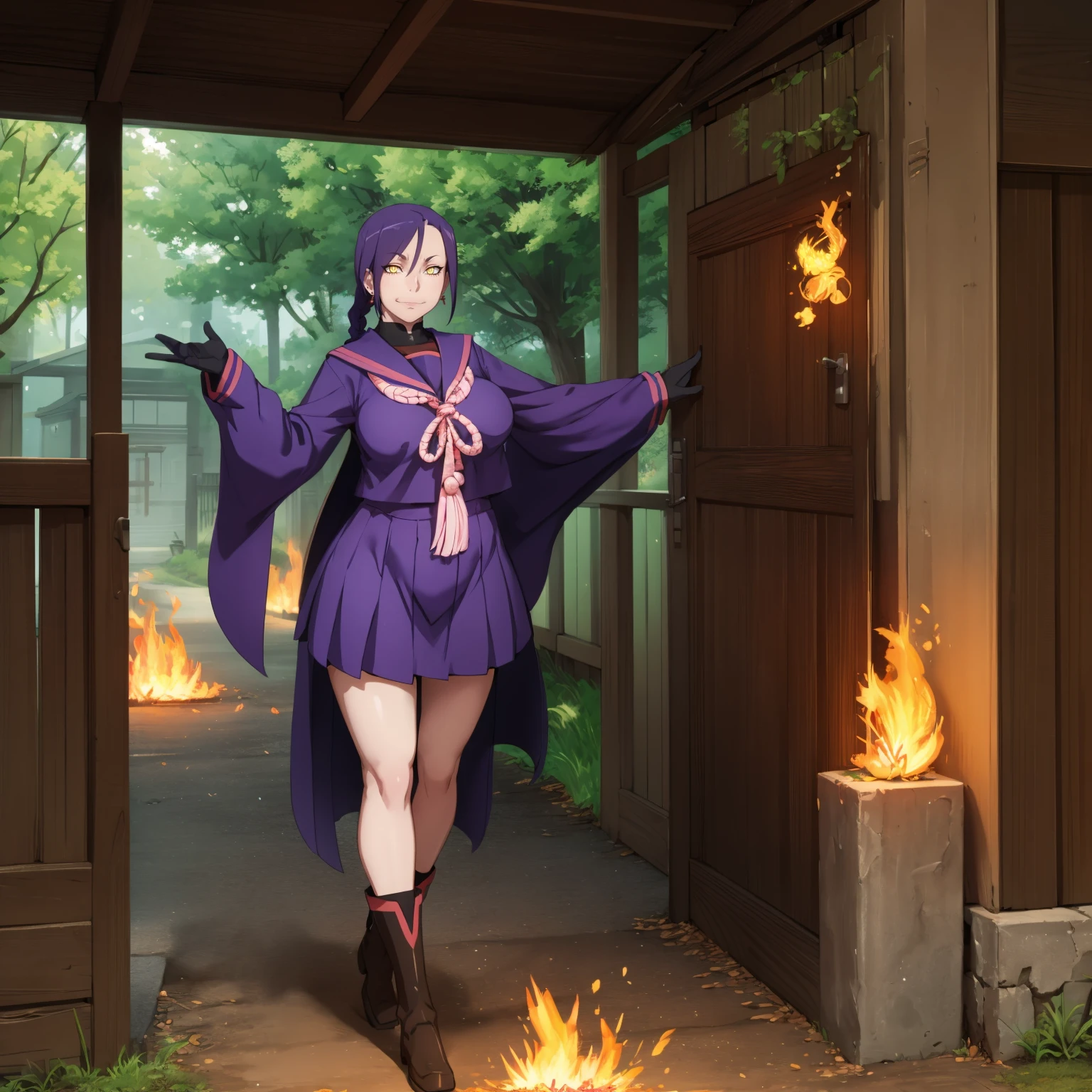1girl, solo, looking at viewer, cowboy shot, hand arms full body,boots, standing,cute,breast, curvy, female,fantasy goddess,there is a cartoon picture of a woman with a very large breast, glowing divine being, glowing holy aura, inspired by Luma Rouge, the non-binary deity of spring, ethereal rainbow nimbus, the butterfly goddess of fire, inspired by Mariel, glowing aura around her, astral wind, as the goddess of the saturn, “uwu the prismatic person, big breast, serious, beautiful eyes, , full body, walking, long robe, long dress, ,priestess ,holy, smile, god rays, ray tracing, sparkle, cinematic lighting, UHD, retina, masterpiece, ccurate, anatomically correct, textured skin, super detail, high details, high quality, award winning, best quality, highres, 1080P, HD, 4K, thunder aura, light aura,full, snak staff,closed mouth,#anime #character #re:creators #magane chikujoin Trigger Words: chikujoin magane sharp teeth single braid school uniform serafuku pleated skirt thighhighs gloves earrings Version No.:, long skirt, sharpteeth smile, standing