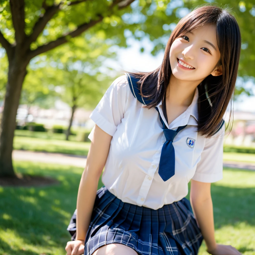 Pure young Japanese cheerleader girl, wearing summer uniforms, natural hair styles, impressive big brown eyes, no makeup, thick eyebrows, pure smile, refreshing in summer sunlight, feeling soft breeze in hair, sexual attractive, professional portrait photography,