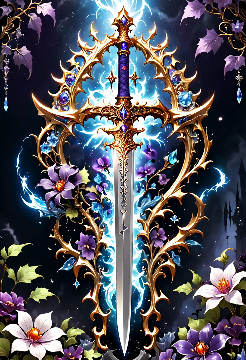 (8K, 16k, Award-winning, Best quality at best, Highest high resolution, super detailing, high detal, Anatomically correct, tmasterpiece, hori&#39;hori&#39;It&#39;s breathtakingly beautiful), Flowers and vines surround the magic sword,There is a flower on the top of the sword，Flowers emit a metallic sheen，Sword made of crystal and white gold，Alloy rattan winding，Exquisite alloy stranded wire technology , sword and flower,Rare and precious, Complicated details,Golden flame,Purple magic,blue lightning,Magical ice and snow world background，(gothic art style:1.5)，Magic sword and flower，Magic flower made of colorful metal，Exuding endless magical charm and brilliance