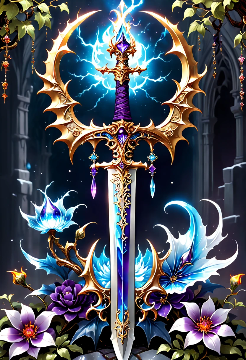 (8K, 16k, Award-winning, Best quality at best, Highest high resolution, super detailing, high detal, Anatomically correct, tmasterpiece, hori'hori'It's breathtakingly beautiful), Flowers and vines surround the magic sword,There is a flower on the top of the sword,Flowers emit a metallic sheen,Sword made of crystal and white gold,Alloy rattan winding,Exquisite alloy stranded wire technology , sword and flower,Rare and precious, Complicated details,Golden flame,Purple magic,blue lightning,Magical ice and snow world background,(gothic art style:1.5),Magic sword and flower,Magic flower made of colorful metal,Exuding endless magical charm and brilliance
