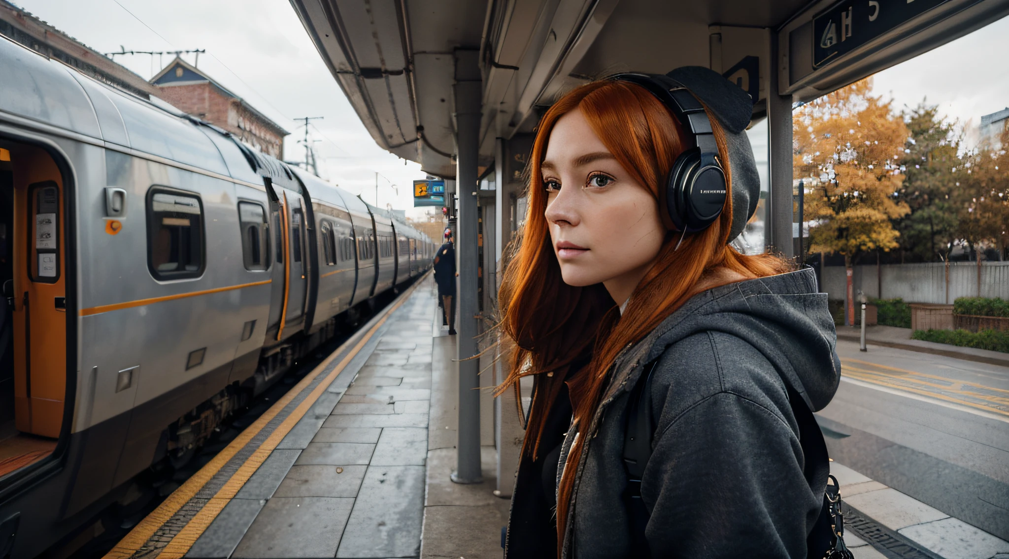 (Masterpieces, sidelighting, Ultra-detailed, finely detailed beautiful eyes), A girl with, bags, Buildings, from the side, headphones, hood, hood down, Hooded Jacket, Hoodies, blazer, long hair, Orange hair, profile, red hairs, Solo, Train, Sad expression facing the train entrance, Upper body body, masterpiece, Best quality at best