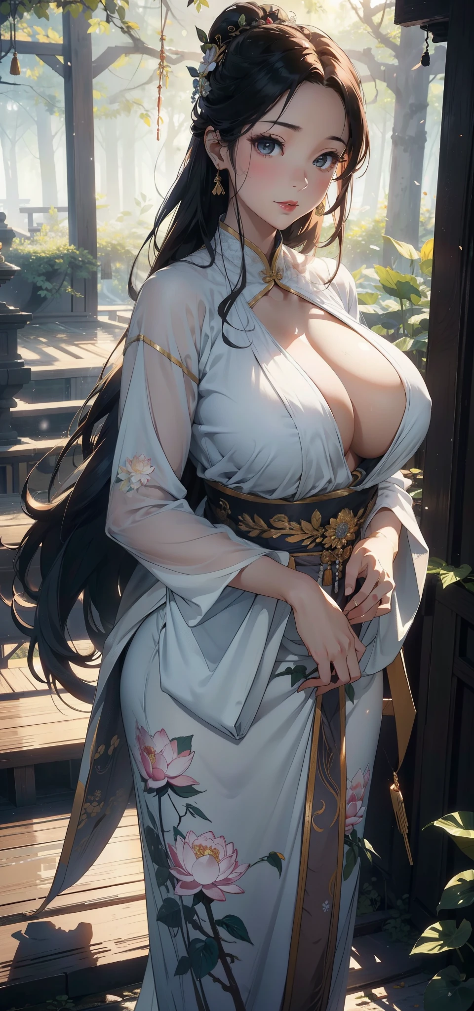1female,45 yers old,Married woman,熟妇,mature,a little bit chubby,very Bigger breasts,big chest and thin waist,long leges, 独奏,(Background with:at a forest,lotus flower,ponds) She has long blonde hair,bobo head,,seen from the front, Stand deep in the forest, The sky is mostly cloudy,(((tmasterpiece),(Very detailed CG unified 8k wallpaper),Best quality at best,电影灯光,detailed back ground,beautidful eyes,Bright pupils,黑The eye,Snow-whiteskin,Redlip(very delicate beautiful),(Beautiful and detailed eye descriptions),ultra - detailed,tmasterpiece,))facing at the camera,A high resolution,ultra - detailed),revealing breasts,Bare genitals,Protruding underparts,Camel toes,(dressed in:the breasts are large,drooping chest,nakeness,比基尼)