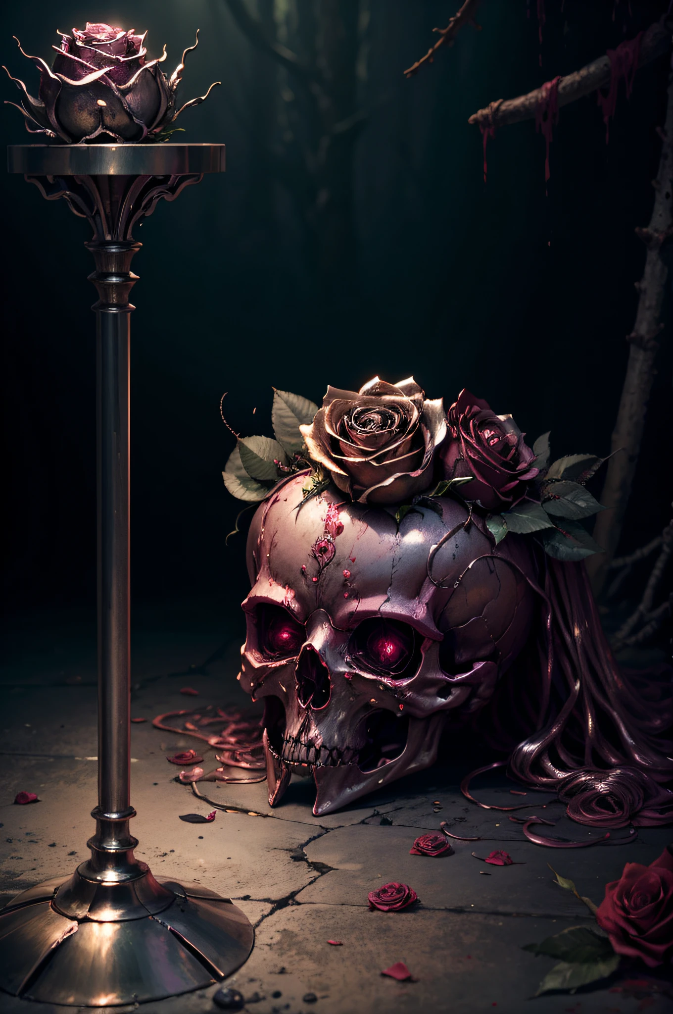 metallic rose, metallic skull, in the forest, darkness