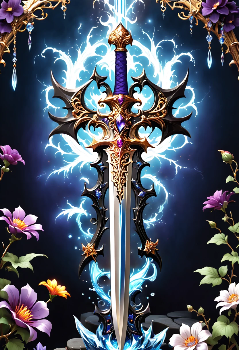 (8K, 16k, Award-winning, Best quality, Highest resolution, super detailing, high detal, Anatomically correct, tmasterpiece, hori&#39;hori&#39;tas&#39;It's breathtakingly beautiful), Flowers and vines surround the magic sword,There is a flower on the top of the sword，Alloy-carved flowers give off a metallic sheen，Sword made of crystal and white gold，Alloy rattan winding，Exquisite alloy stranded wire technology , sword and flower,Rare and precious, Complicated details,Golden flame,Purple magic,blue lightning,Magical ice world background，(gothic art style:1.5)，Magic sword and flower，Magic flower made of colorful metal，Exuding endless magical charm and brilliance