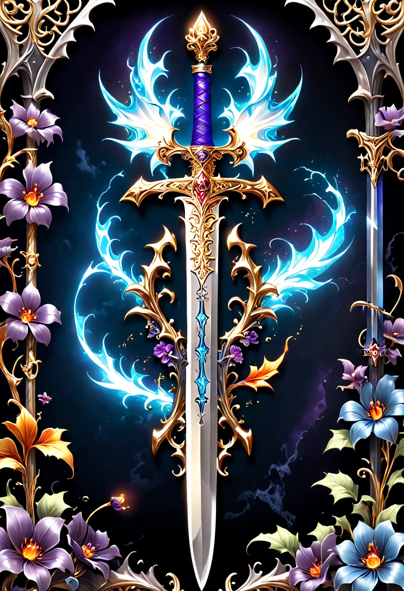 (8K, 16k, Award-winning, Best quality, Highest resolution, super detailing, high detal, Anatomically correct, tmasterpiece, hori'hori'tas'It's breathtakingly beautiful), Flowers and vines surround the magic sword,There is a flower on the top of the sword,Alloy-carved flowers give off a metallic sheen,Sword made of crystal and white gold,Alloy rattan winding,Exquisite alloy stranded wire technology , sword and flower,Rare and precious, Complicated details,Golden flame,Purple magic,blue lightning,Magical ice world background,(gothic art style:1.5),Magic sword and flower,Magic flower made of colorful metal,Exuding endless magical charm and brilliance