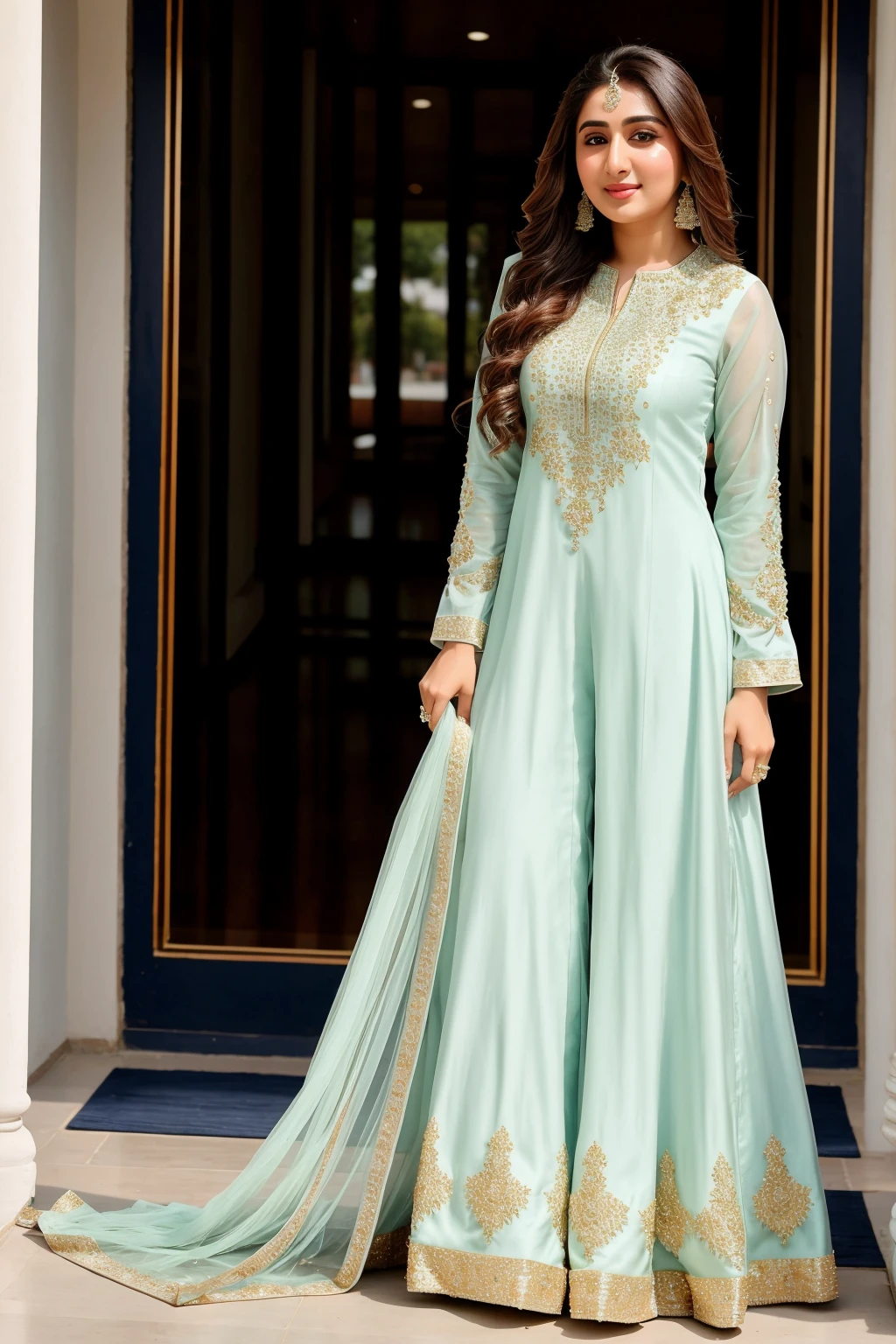 Instagram photo, girl named reema khan, wearing designer salwar kameez, full body photo taken on iphone 15, perfect body, looking at viewer, bokeh, is at wedding