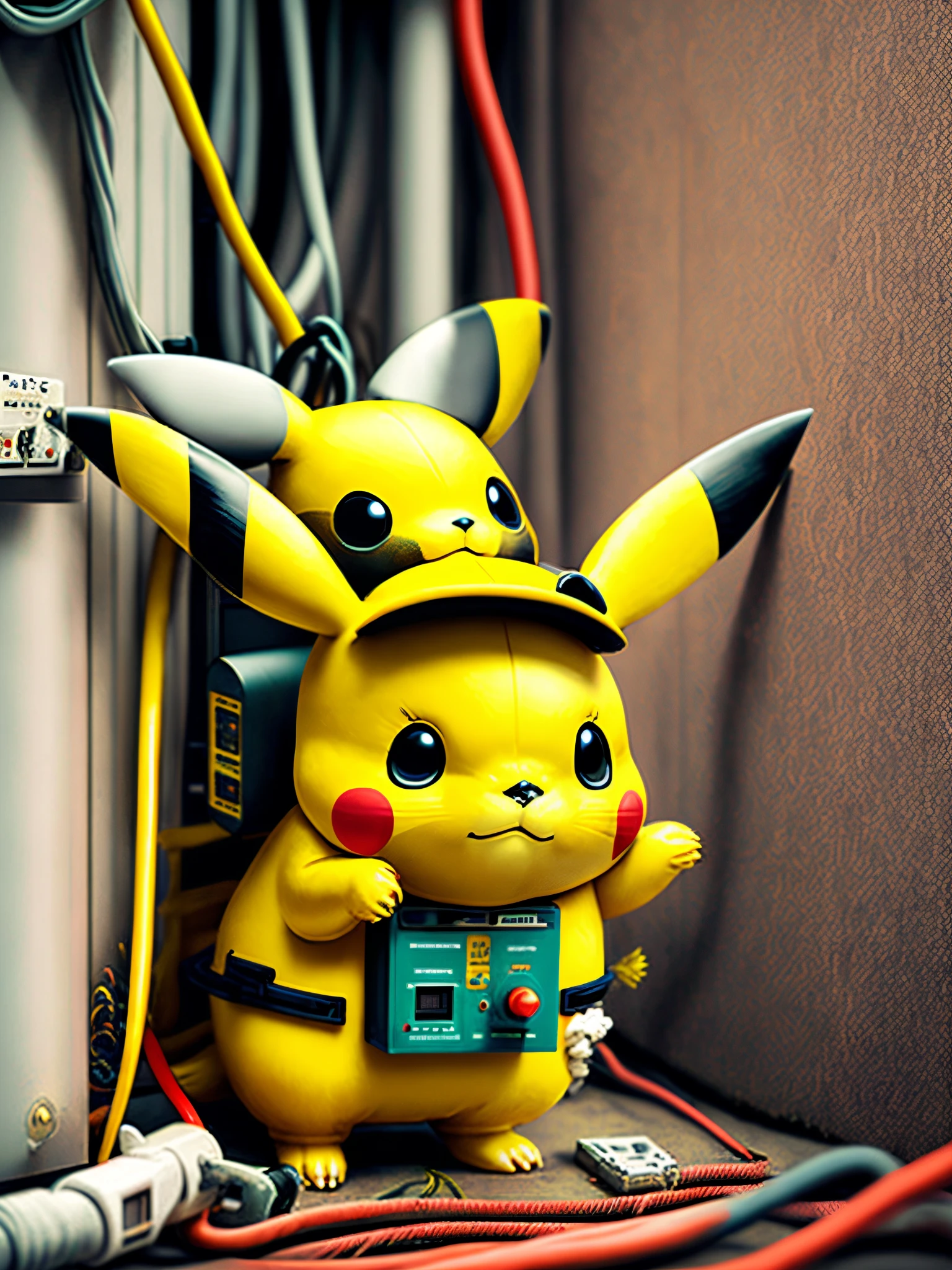 A pikachu disguised as an electrician. Write the slogan "POK ELEC catches all electrical faults in your home".