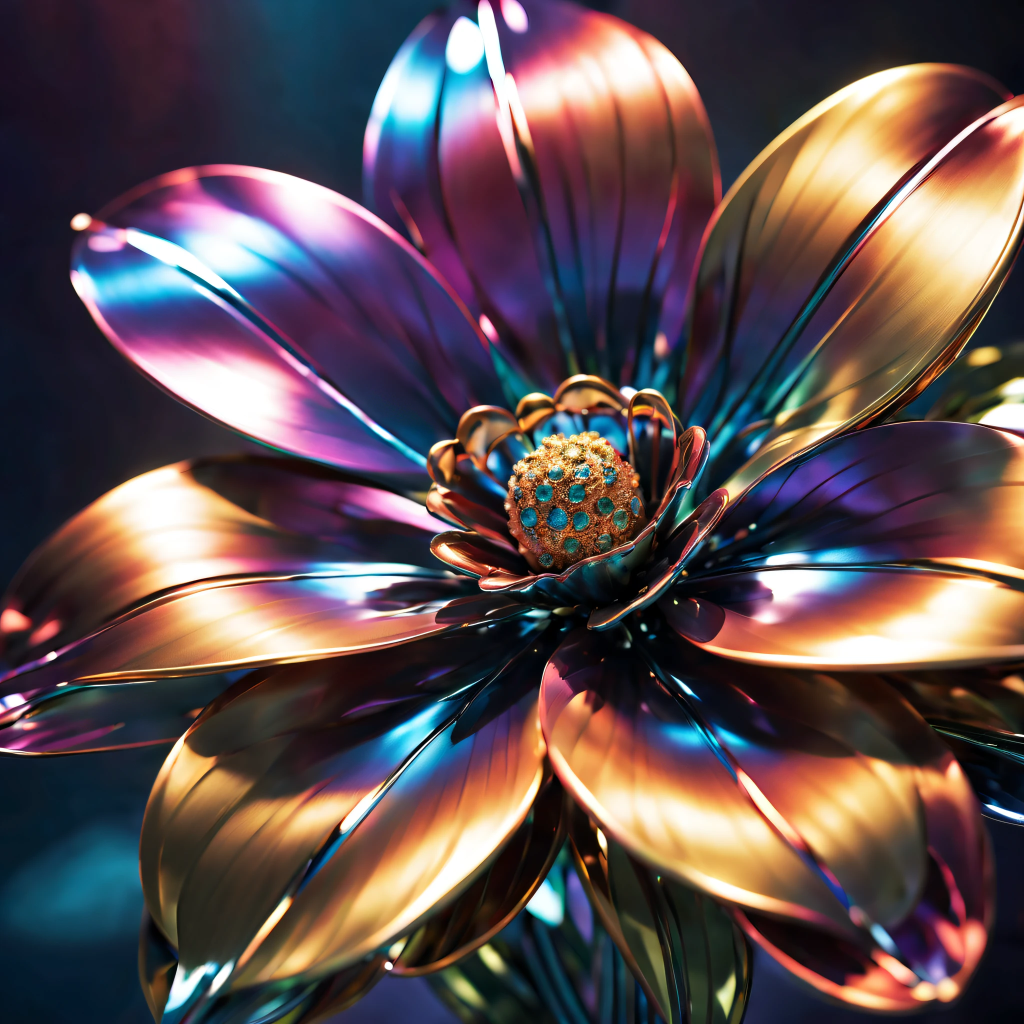 (best qualtiy,Foto realism:1.37),A vibrant metal flower close-up photo,Metal Materials,shiny petals,Sparkling reflective surface,metallic luster,hues and tints,Meticulous attention to detail,Rich and vibrant colors,Light and shadow games,Subtle gradients and shimmer,ImpeccableCraftsmanship.