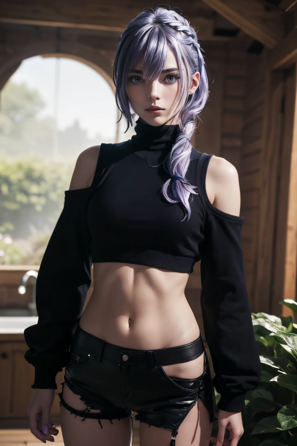 The tooltip for a given topic is as follows: "Girl with a European face, Aryan face, 20years old, Silvery-purple hair, pale purple-blue hair, Bright blue eyes, Her hair is tied up in a bun and falls to her right shoulder. Dressed in a comfortable leather suit, ((black shorts)), Black Leather Leggings, (((clothes in dark colors))), close-fitting clothes, (Best Quality, 4k, 8K, hight resolution, Masterpiece:1.2) Ultra-detailed features, including realistic, Photorealistic eyes and face. The figure shows the media (Insert Material) that resembles an illustration, oil painting, or 3D rendering. Girl in the garden with bright flowers and sharp focus, soft studio lighting. The overall atmosphere is calm and serene, with a touch of unearthly beauty. The color scheme is dominated by shades of black, Creating a dreamy and surreal aesthetic."