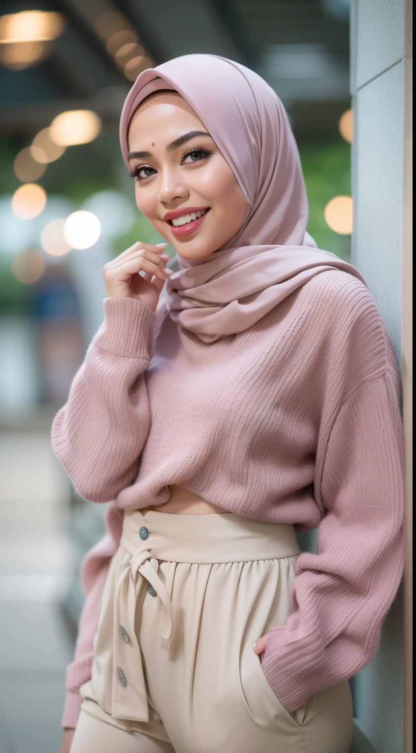 Malay girl in hijab wear big oversized loose blouse and high waist loose cotton pants, pastel color, seating, wear back pack, front view, detail skin, detail skin texture, mole below eyes, small breast, big hip, big waist, big thigh, slim abs, beautiful body, evening, laughing, happy, bright lighting, blur background, bokeh,