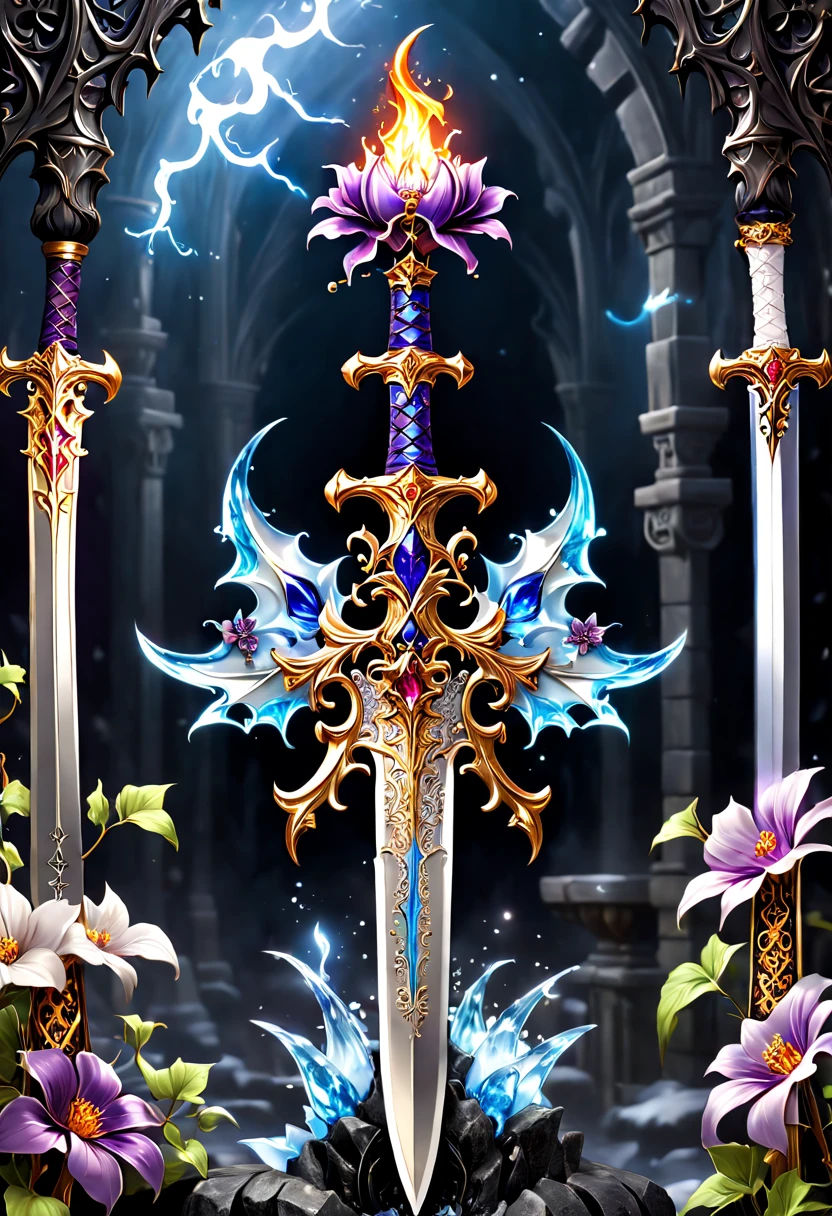 (8K, 16k, Award-winning, Best quality at best, Highest high resolution, super detailing, high detal, Anatomically correct, tmasterpiece, hori'hori'hori'It's breathtakingly beautiful), alloy flower,Alloy vine surrounding magic sword,There is a flower on the top of the sword,Alloy carvings exude metallic luster,Sword made of crystal and white gold,Alloy rattan winding,Exquisite alloy stranded wire technology , sword and flower,Rare and precious, Complicated details,Golden flame,Purple magic,blue lightning,Magical ice and snow world background,(gothic art style:1.5),Magic sword and flower,Magic flower made of colorful metal,Exuding endless magical charm and brilliance