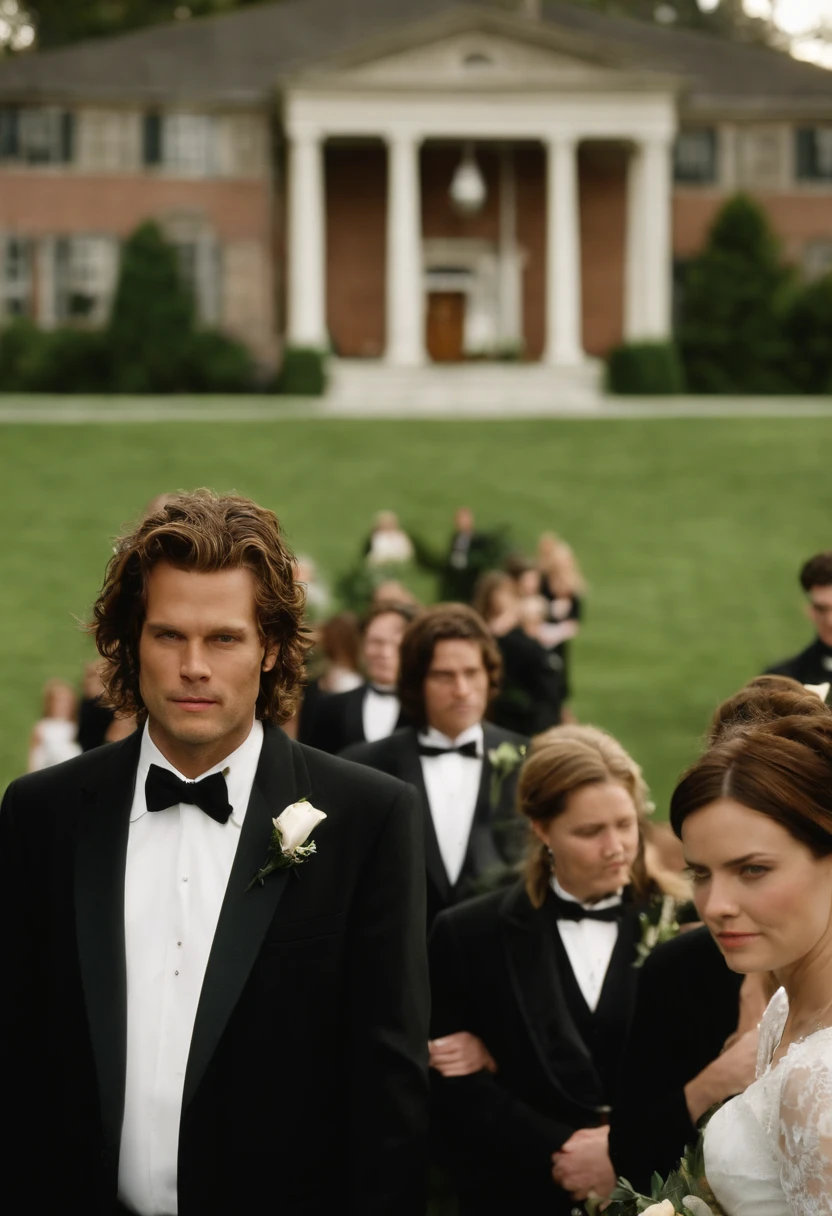 A photo of him at a funeral, wearing a black suit and smirking while standing next to a group of somber mourners.,Wedding Crashers (2005),Chazz Reinhold, a character in “Wedding Crashers,” is portrayed as an eccentric and over-the-top individual, embracing an extreme lifestyle of crashing events. He has a disheveled appearance, often seen in casual and somewhat out-of-date clothing, reflecting his disregard for social norms and conventions. Chazz’s long, unkempt hair and scruffy facial hair add to his unconventional and carefree image.