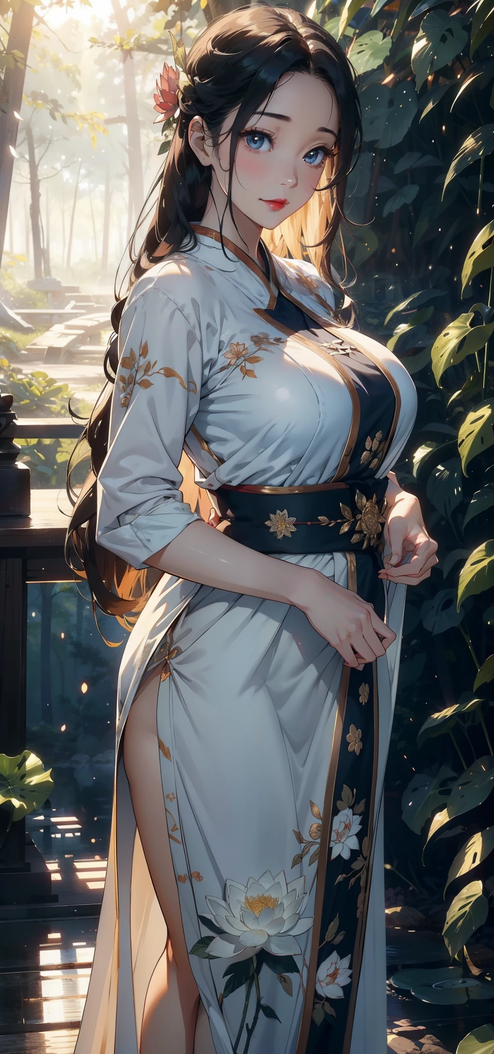 1female，36 years old，Huge breasts， 独奏， goddes， Head flower，Sexually revealing white court dress，coniferous forest，  She has long flowing hair， Bare genitalia， standing on your feet，Bigchest，Wet straight hair，Sweat profusely，drenched all over the body， From the front side， hair straight， mostly cloudy sky，（（（tmasterpiece），（Very detailed CG unity 8K wallpaper），best qualtiy，cinmatic lighting，detailed back ground，beatiful detailed eyes，Bright pupils，（Very fine and beautiful），（Beautiful and detailed eye description），ultra - detailed，tmasterpiece，）），facing at camera，A high resolution，ultra - detailed），Beautiful legs and buttocks，Very long hair，legs are open，Emotive expressions，Open-mouthed，Chest sagging，nakeness， Bulge，Expose the genitals，revealing breasts，Camel toes，with no underpants，extremely large bosom，Extremely colorful，Most detailed，fully body photo，The face is well lit