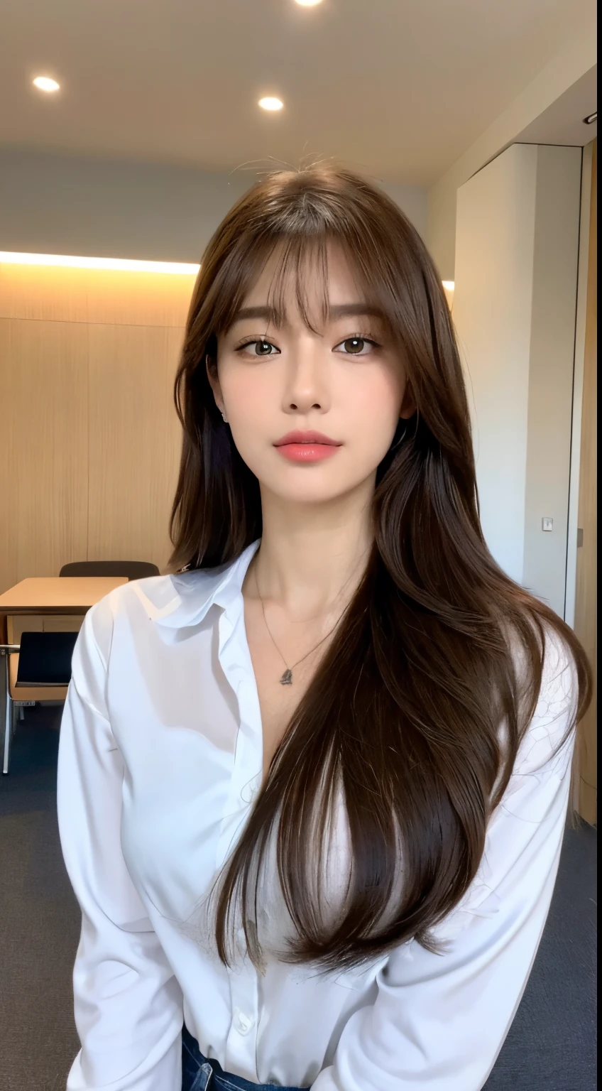 ((top-quality、8K、​masterpiece：1.3))、Crisp focus：1.2、Beautiful Women in Perfect Style：1.4、Slender Abs：1.2、((dark brown hair、Colossal tits：1.2))、(White button-up long shirt:1.1)、Street:1.2、Highly detailed facial and skin texture、A detailed eye、二重まぶた、Meeting room in the background、The upper body is facing straight ahead