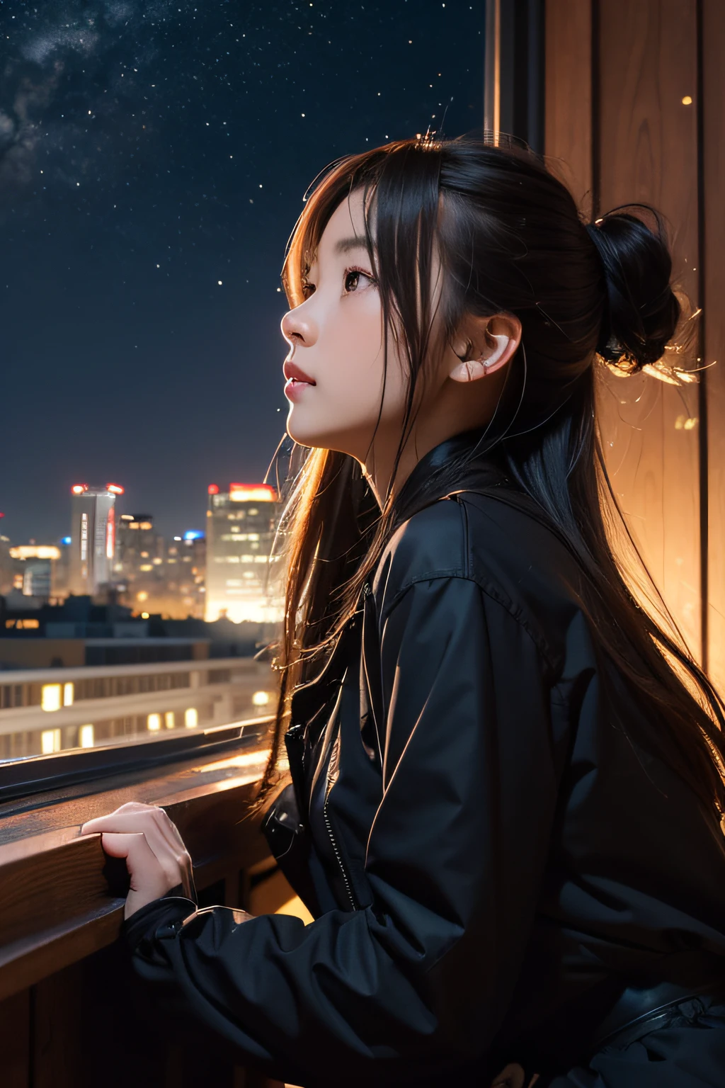 Best Quality, masutepiece, Extremely detailed, Detailed background, Anime, 1girl in, Young Girl, Short Girl, scientific fiction, Science fiction, Outdoors, Night, Starry sky, greenhouse, megastructure, Biodome, landscape, Scenery, Horizon, On the rooftop, sitting on the rooftop, Wind, Looking away, Atmospheric lighting, Solo Focus, close up, From Side, depth of fields, Bokeh