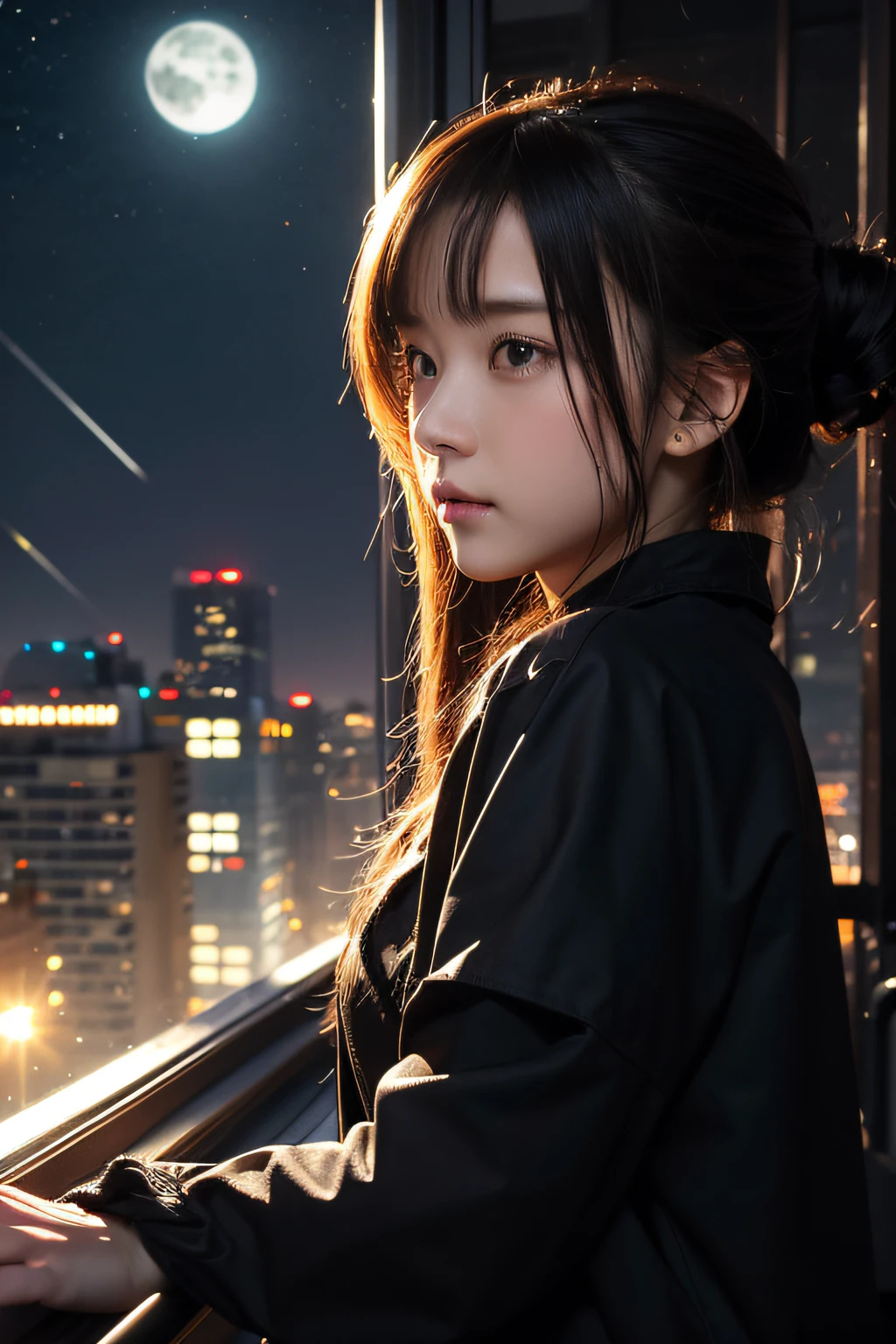 Best Quality, masutepiece, Extremely detailed, Detailed background, Anime, 1girl in, Young Girl, Short Girl, scientific fiction, Science fiction, Outdoors, Night, Starry sky, greenhouse, megastructure, Biodome, landscape, Scenery, Horizon, On the rooftop, sitting on the rooftop, Wind, Looking away, Atmospheric lighting, Solo Focus, close up, From Side, depth of fields, Bokeh