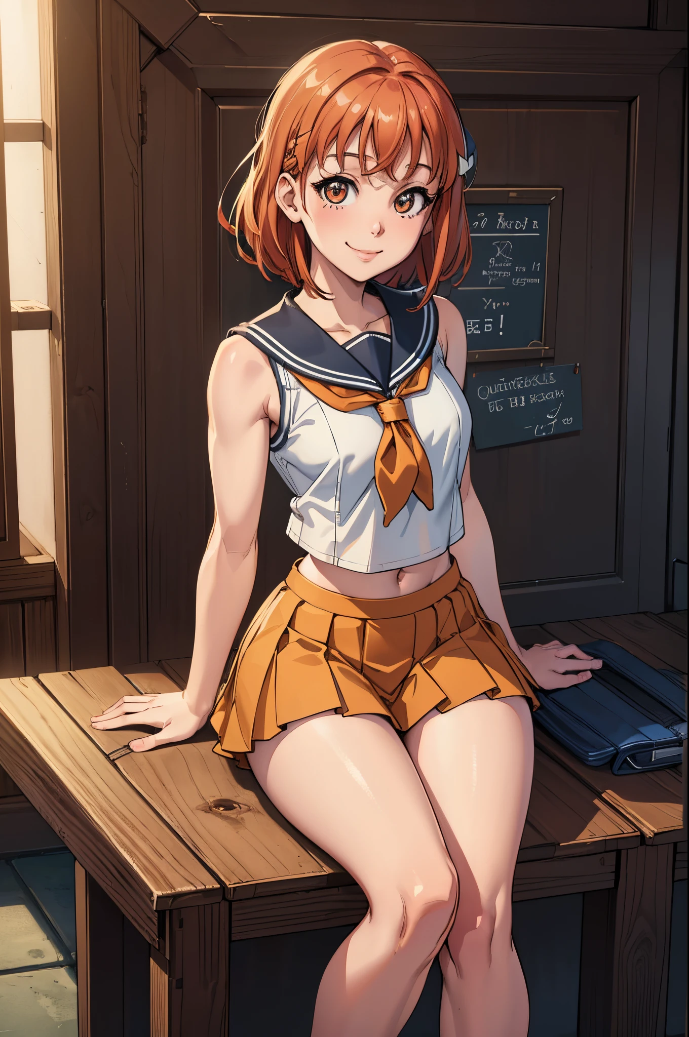 (best quality,4k,8k,highres,masterpiece:1.2), ultra-detailed, on knees, sitting,arms behind back,takami chika, sailor top, school skirt, midriff, slightly excited and smile, sleeveless, thighs, cowboy shot