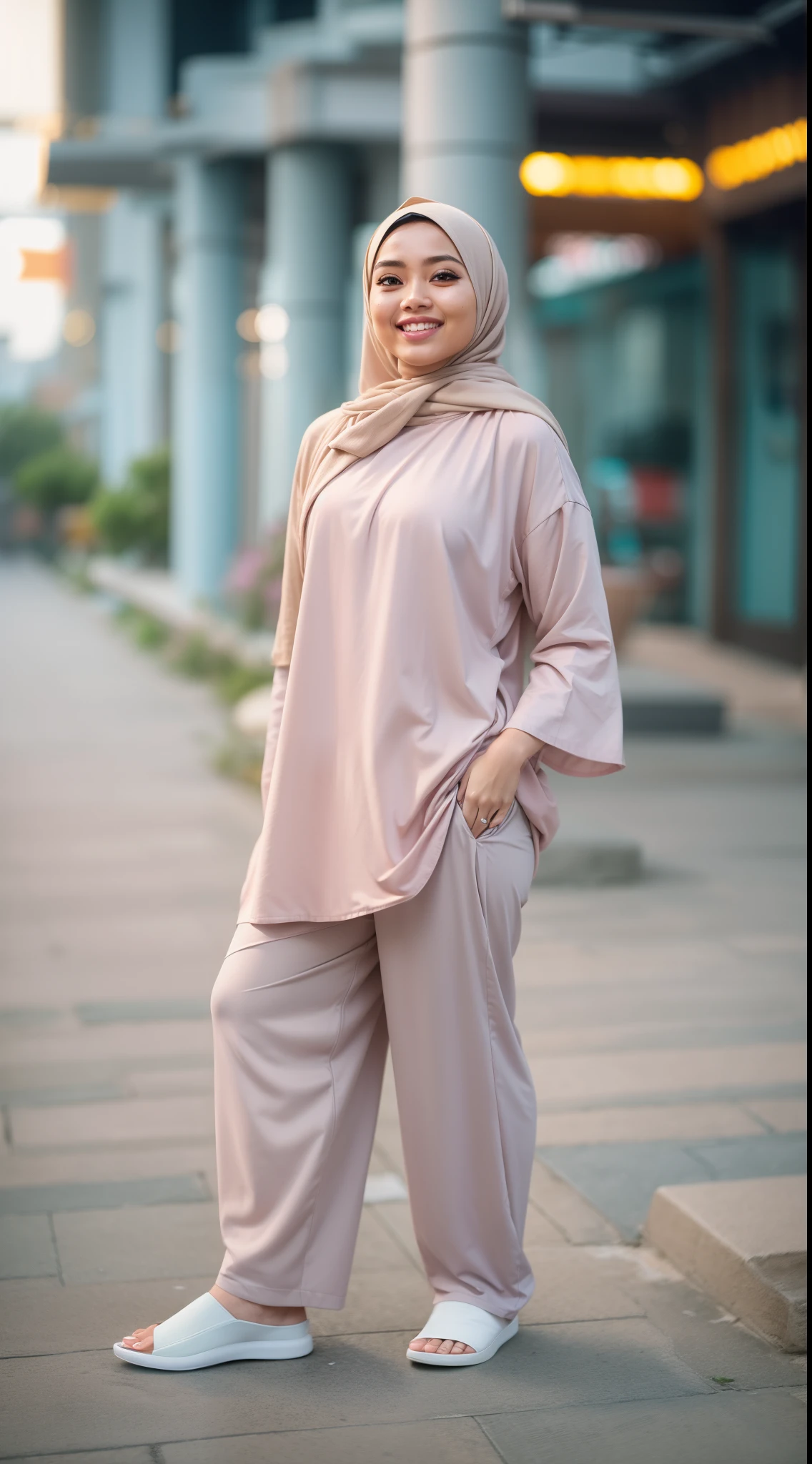Malay girl in hijab wear big oversized loose blouse and high waist loose cotton pants, pastel color, seating, wear back pack, front view, detail skin, detail skin texture, mole below eyes, small breast, big hip, big waist, big thigh, slim abs, beautiful body, evening, laughing, happy, bright lighting, blur background, bokeh,