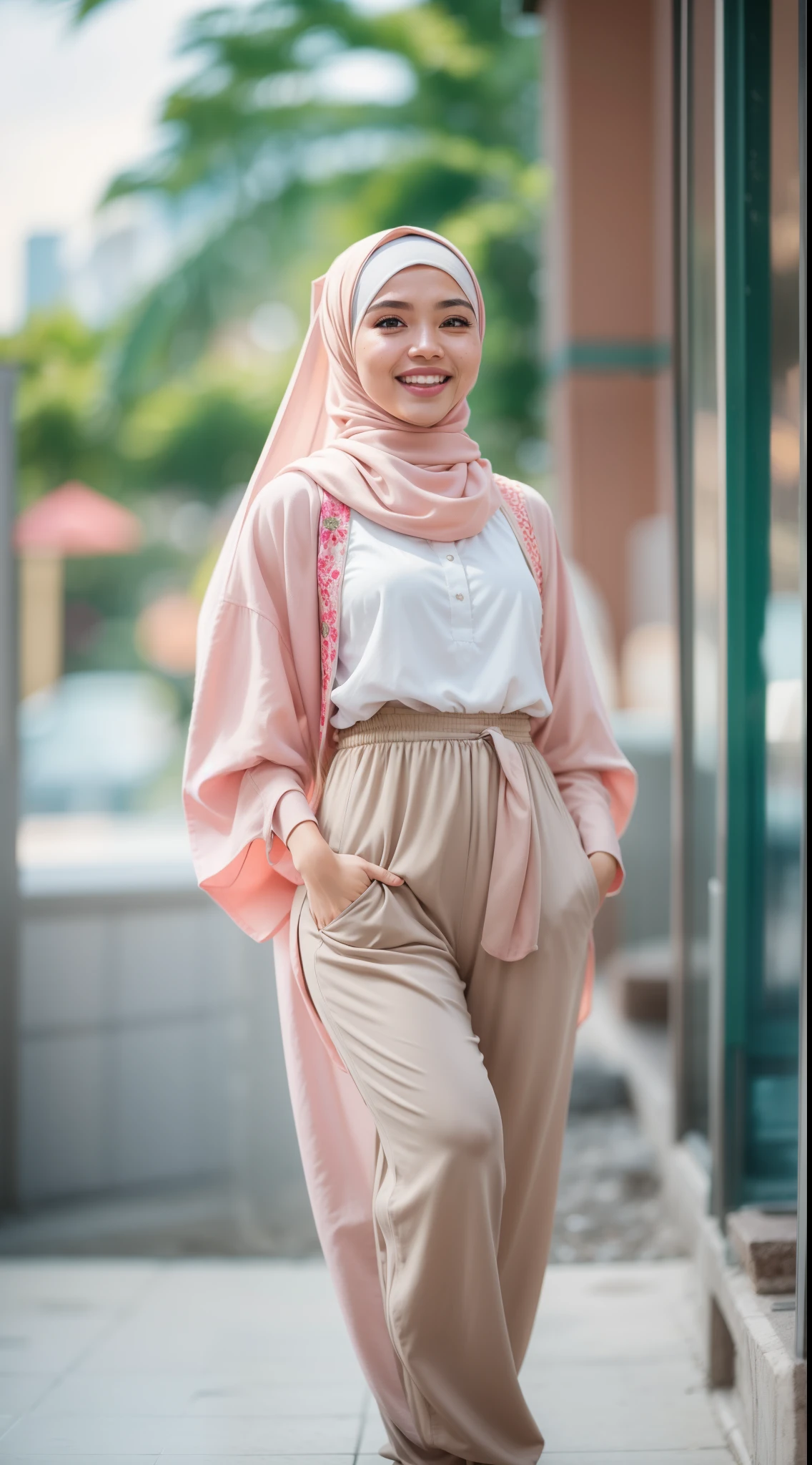 Malay girl in hijab wear big oversized loose blouse and high waist loose cotton pants, pastel color, seating, wear back pack, front view, detail skin, detail skin texture, mole below eyes, small breast, big hip, big waist, big thigh, slim abs, beautiful body, evening, laughing, happy, bright lighting, blur background, bokeh,