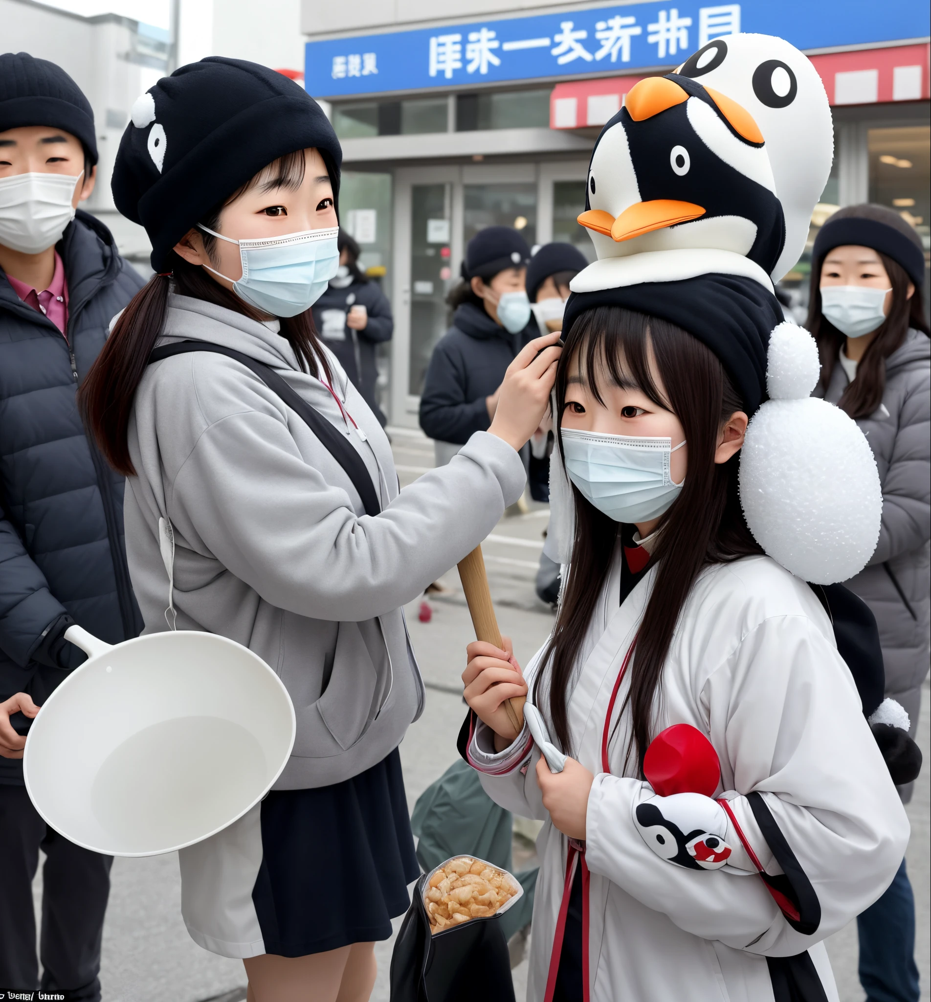 In front of the hospital store、A 21-year-old Japanese woman wears a penguin headgear on her head.、holding a large rice scoop in one hand、Scene of attacking the president