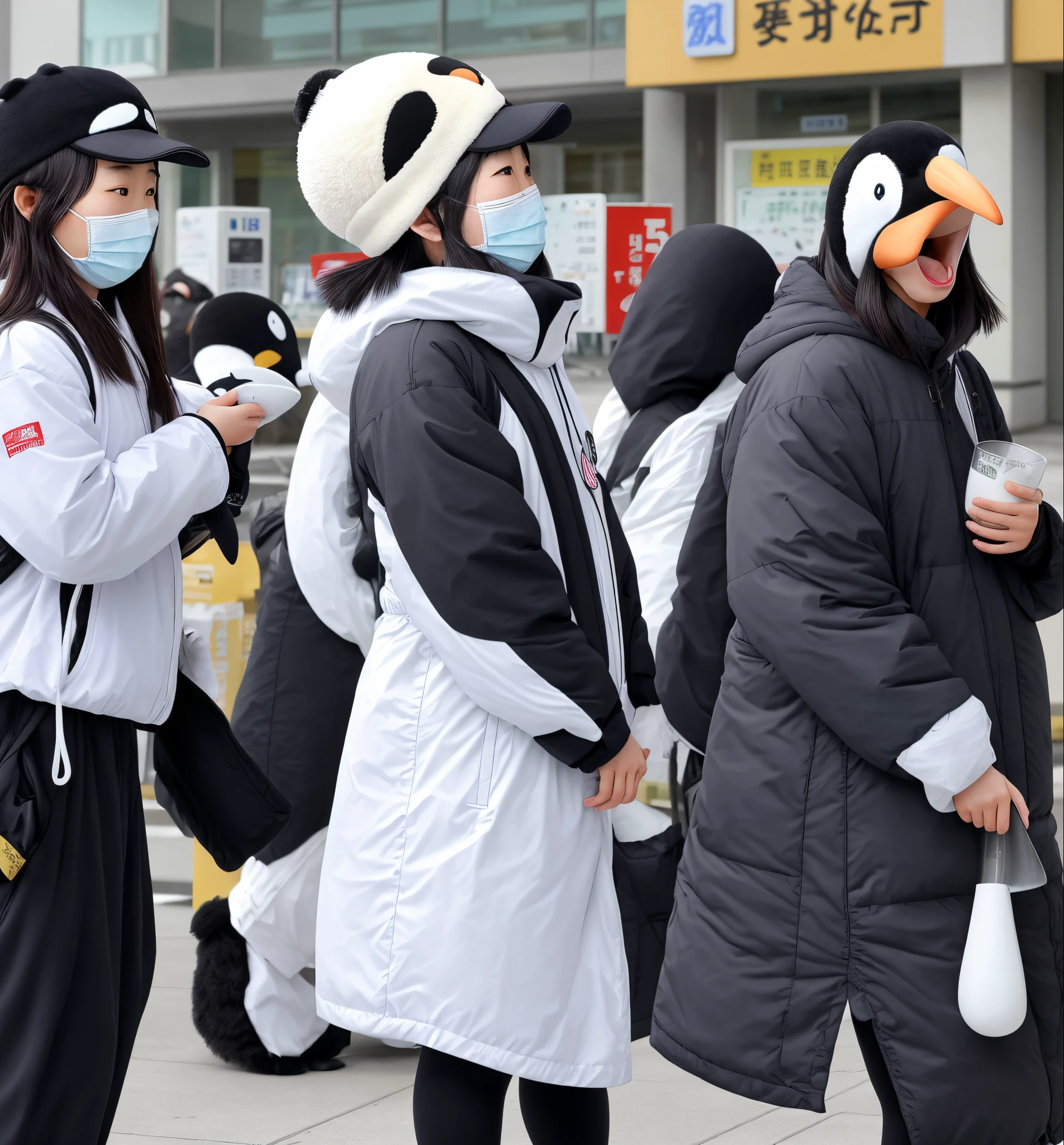 In front of the hospital store、A 21-year-old Japanese woman wears a penguin headgear on her head.、holding a large rice scoop in one hand、Scene of attacking the president