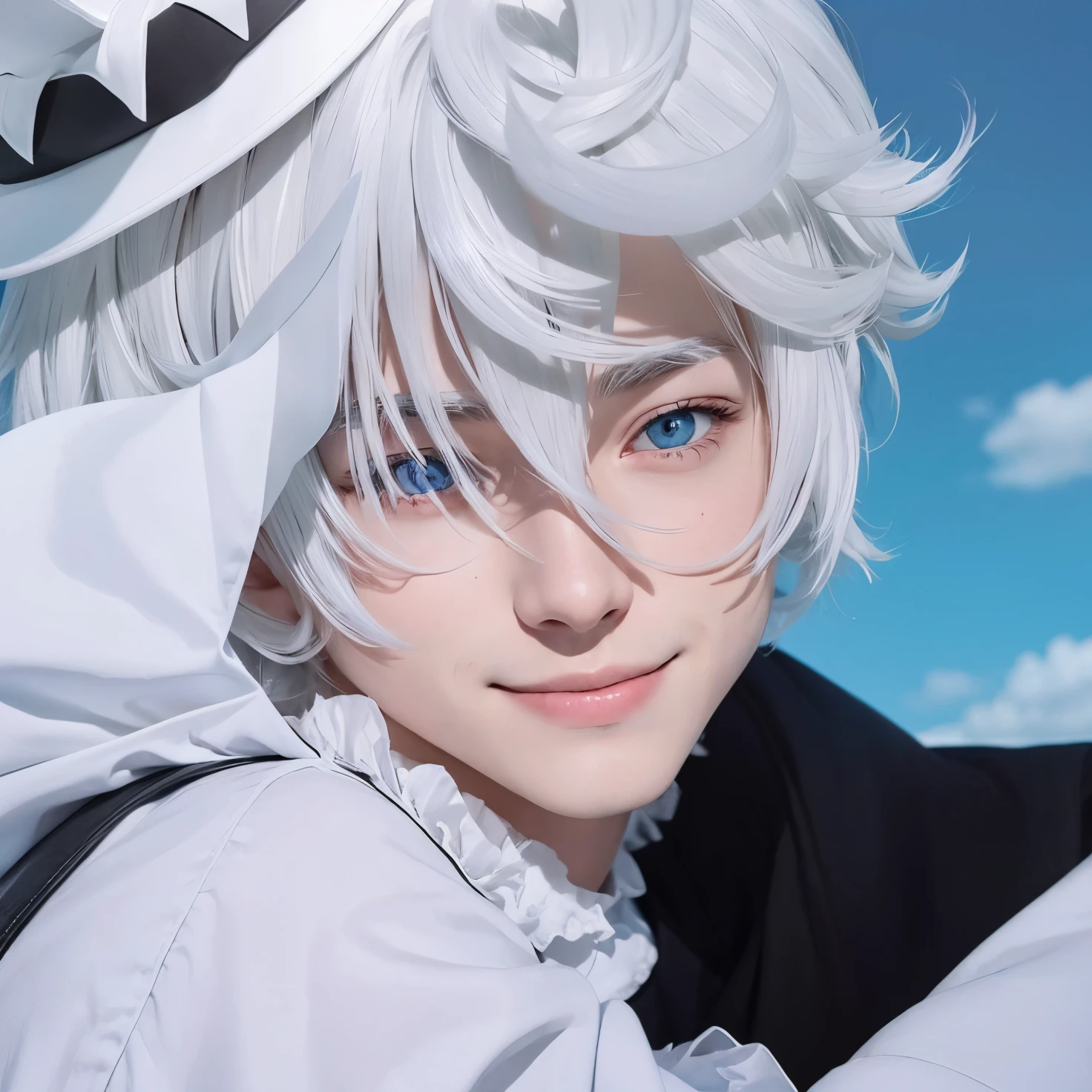 A teenage boy with realistic white hair, the same realistic hairstyle, realistic handsome face, realistic sweet smiling expression, adapt the same realistic clothes,realistic hat, realistic light, realistic background, realistic shadows, very good photo results, 4k, ultra detail, realistic