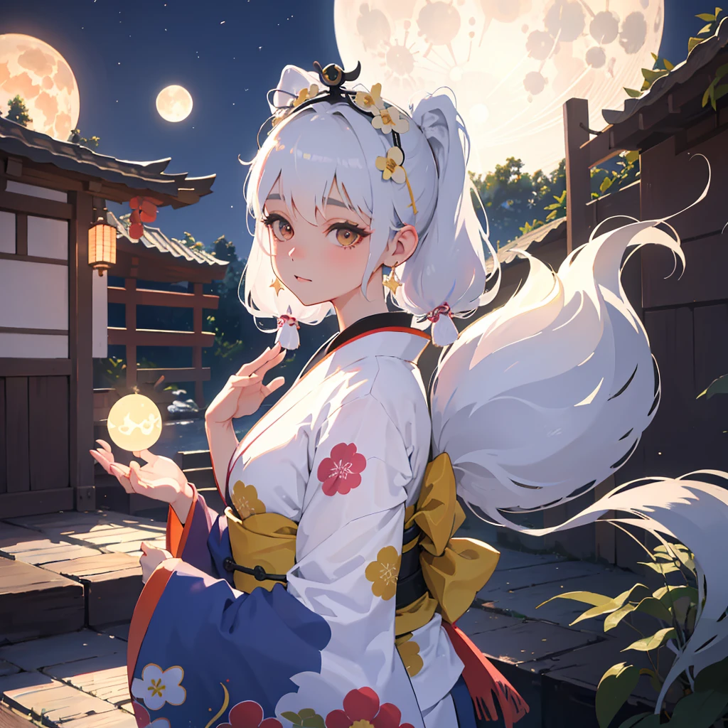 1 adesivo, etiqueta, Nikkaze, (menina bonito), (Kimono lindo), (gorgeous hair accessory), (Japanese Traditional Hairstyle), Cereja, nuvem, behind is a huge round moon, Estrelas, fundo branco, sem antecedentes, fundo simples, minimum, fofo, tiny, cor pastel, estilo vetorial, Sem gradiente,sozinho